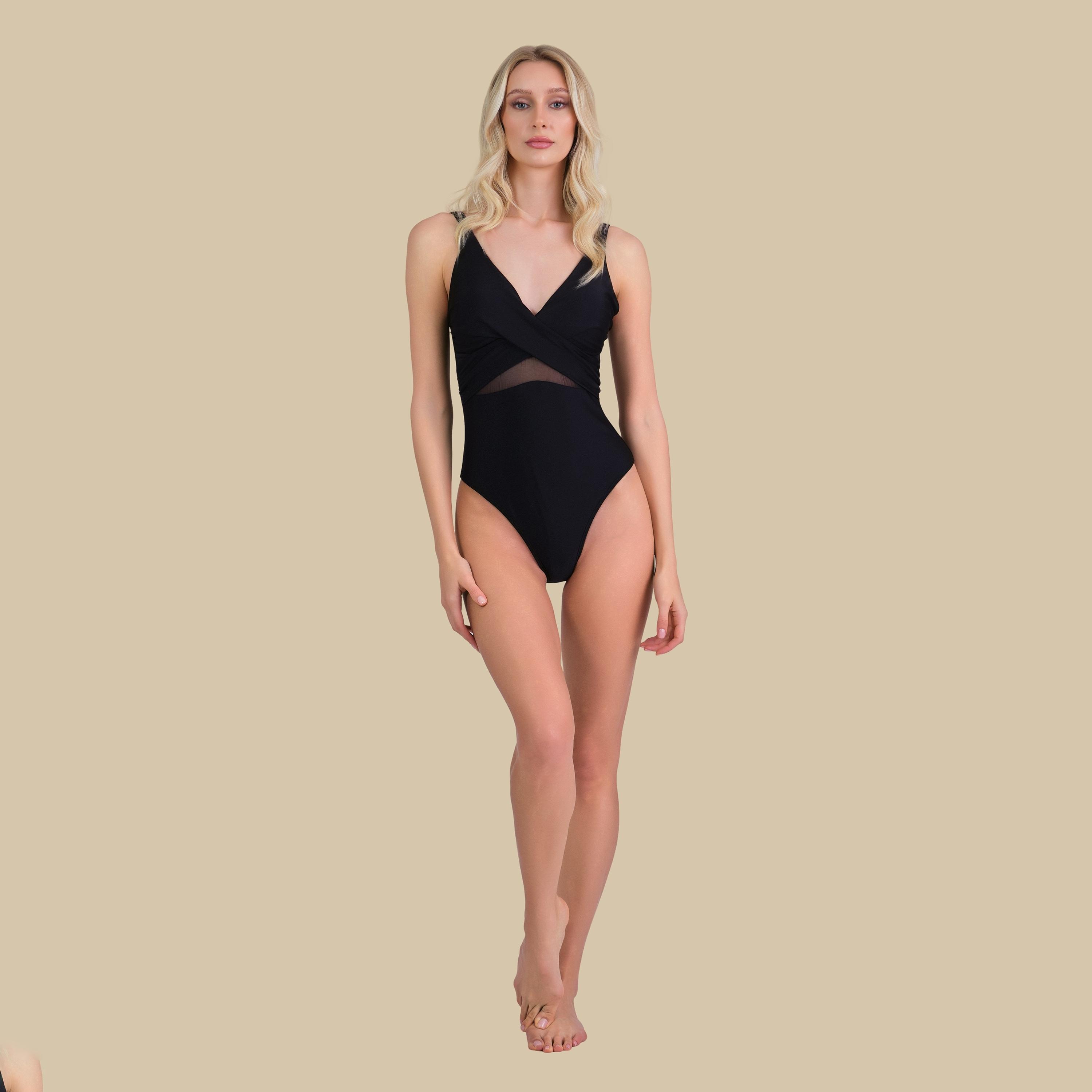 Isla & Evie Black Plain Cross Front Women's One-Piece Swimsuit-women-clothing-swimandbeach-swimsuits-image-1