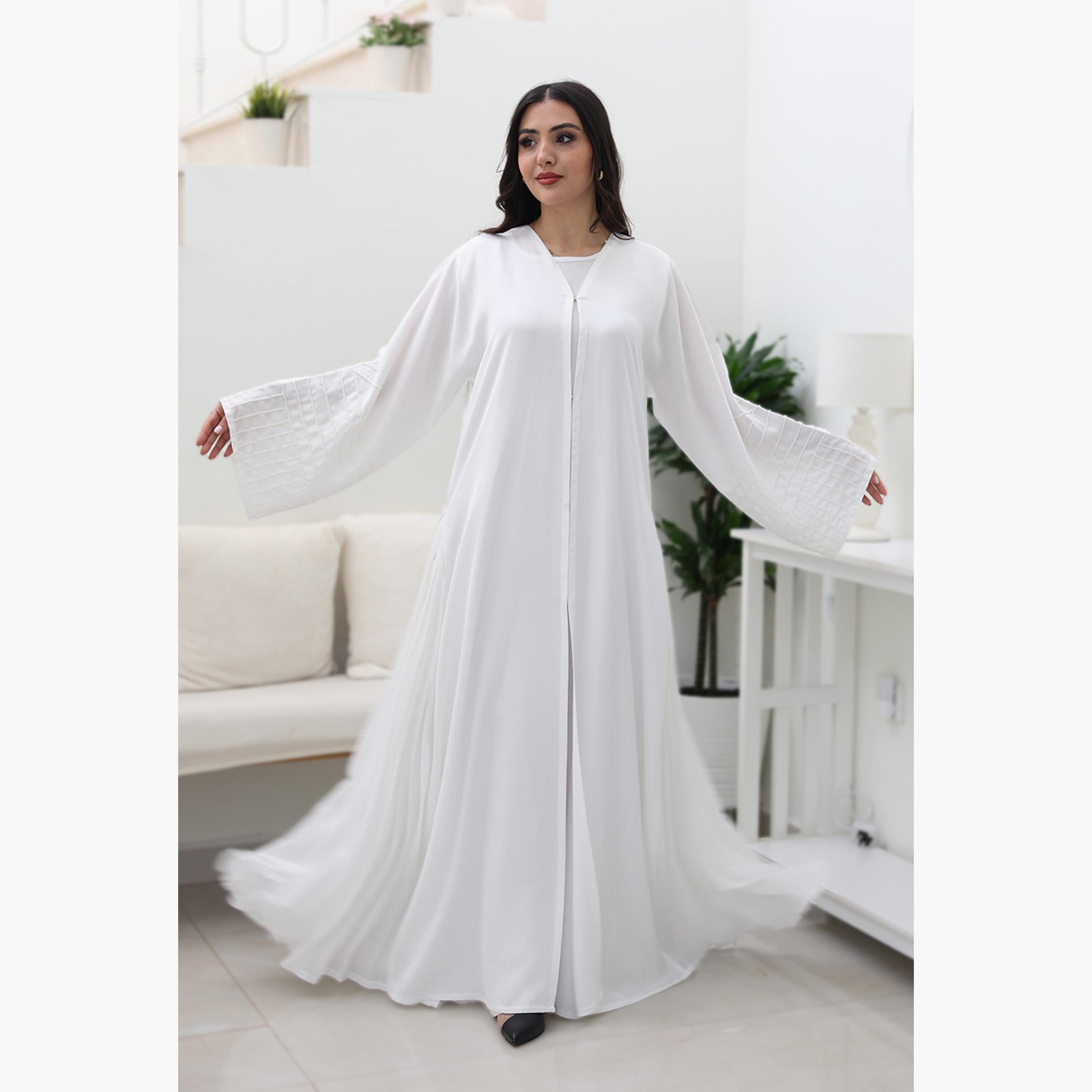 Nukhbaa White Beaded & Pleated Flared Sleeves Nida Women's Evening Flowy Abaya-women-arabicclothing-abayas-image-1