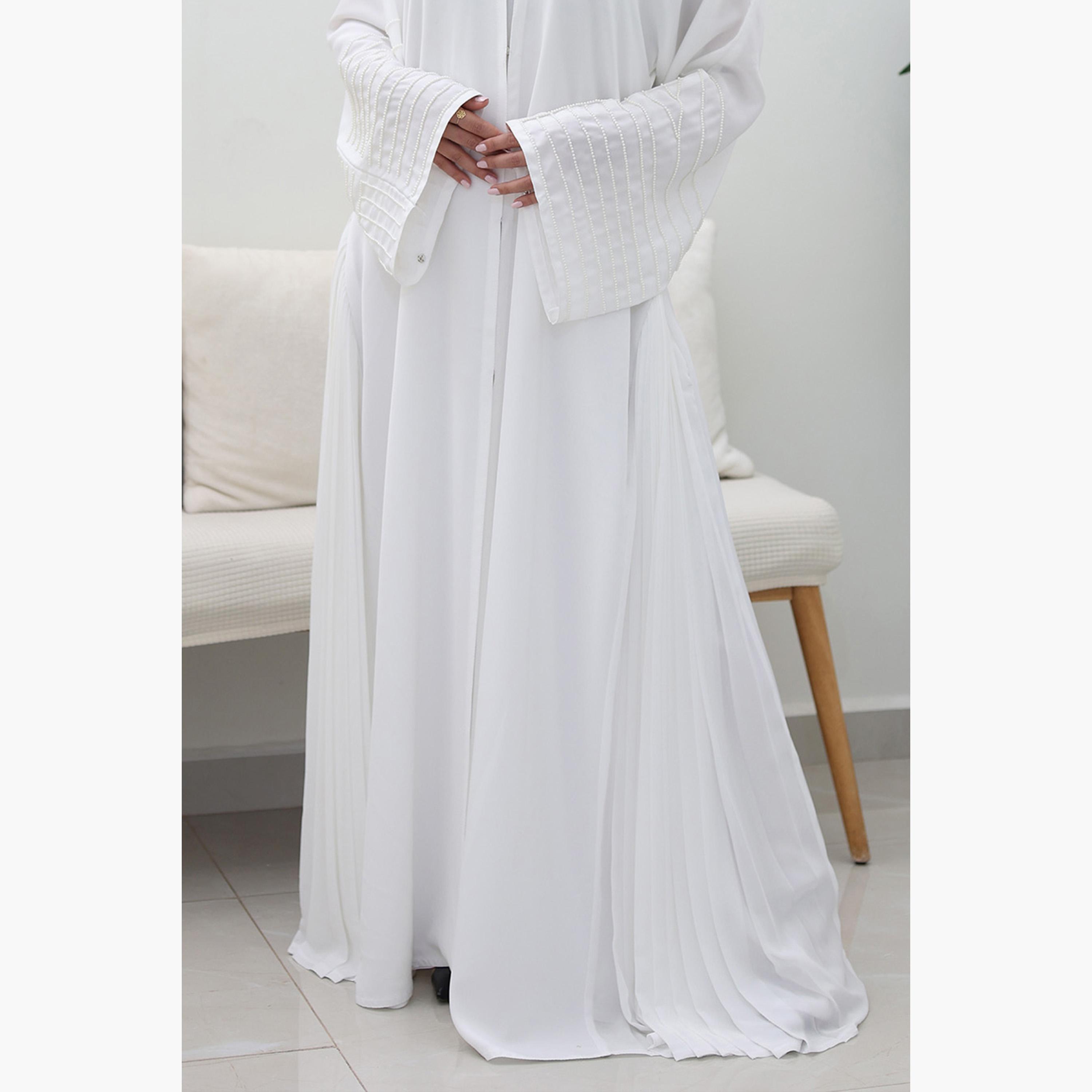 Nukhbaa White Beaded & Pleated Flared Sleeves Nida Women's Evening Flowy Abaya-women-arabicclothing-abayas-image-2