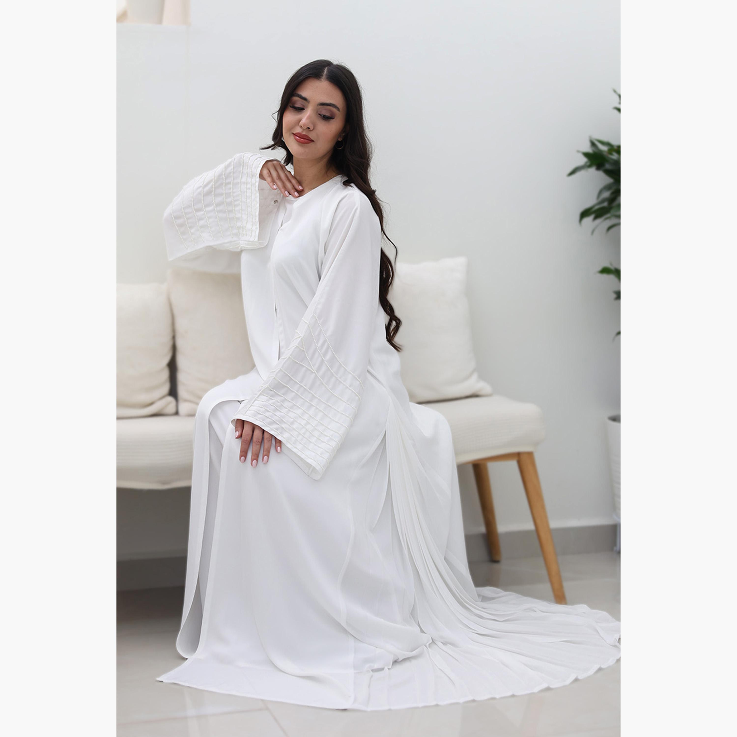 Nukhbaa White Beaded & Pleated Flared Sleeves Nida Women's Evening Flowy Abaya-women-arabicclothing-abayas-image-3