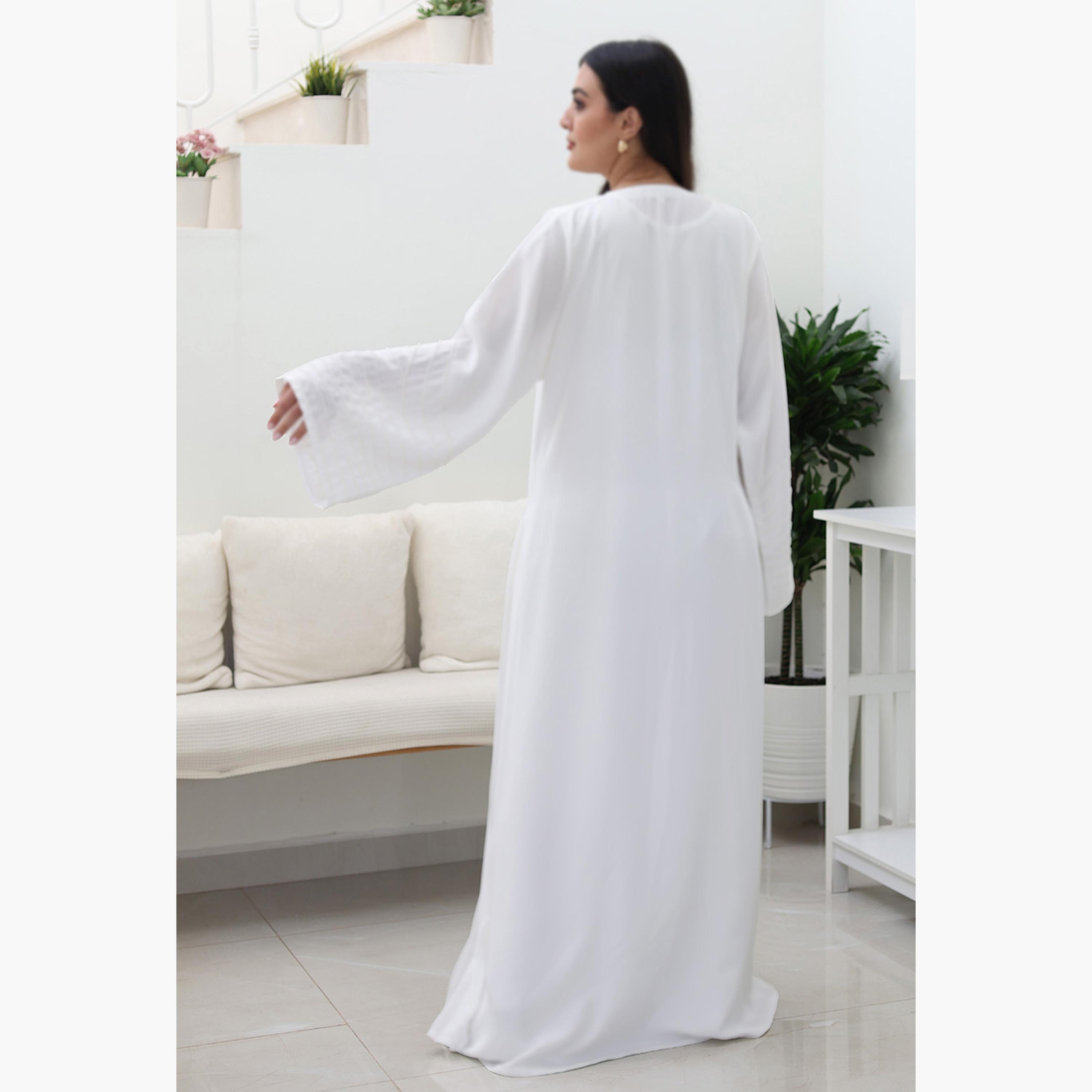 Nukhbaa White Beaded & Pleated Flared Sleeves Nida Women's Evening Flowy Abaya-women-arabicclothing-abayas-image-4