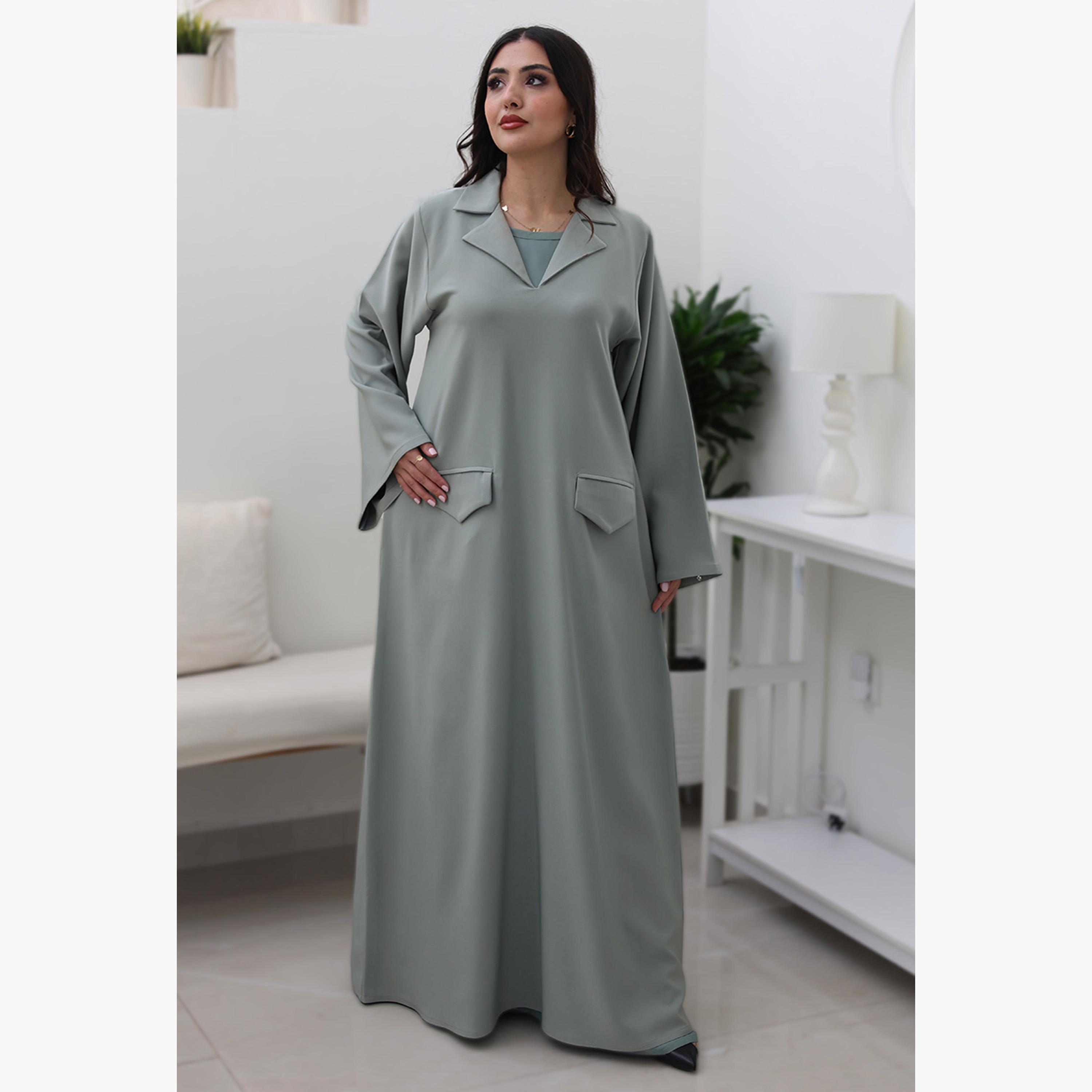 Nukhbaa Green Flared Sleeves Women's Abaya-women-arabicclothing-abayas-image-1