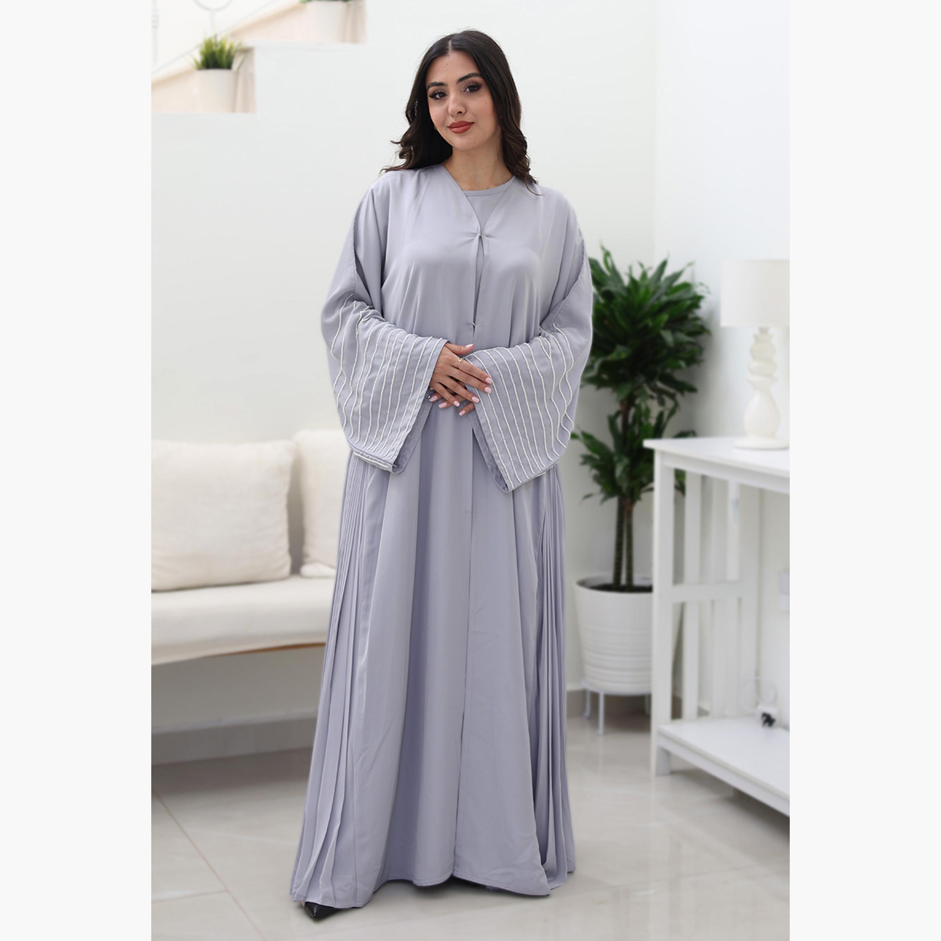 Nukhbaa Grey Beaded & Pleated Flared Sleeves Nida Women's Evening Flowy Abaya-women-arabicclothing-abayas-image-1