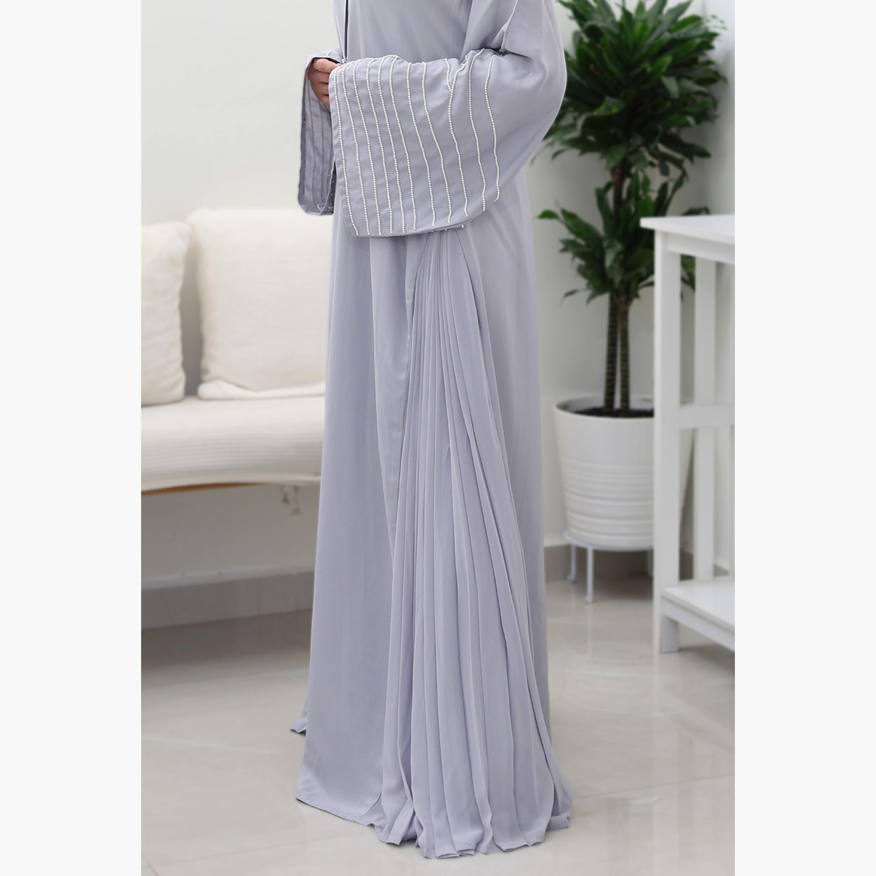 Nukhbaa Grey Beaded & Pleated Flared Sleeves Nida Women's Evening Flowy Abaya-women-arabicclothing-abayas-image-2