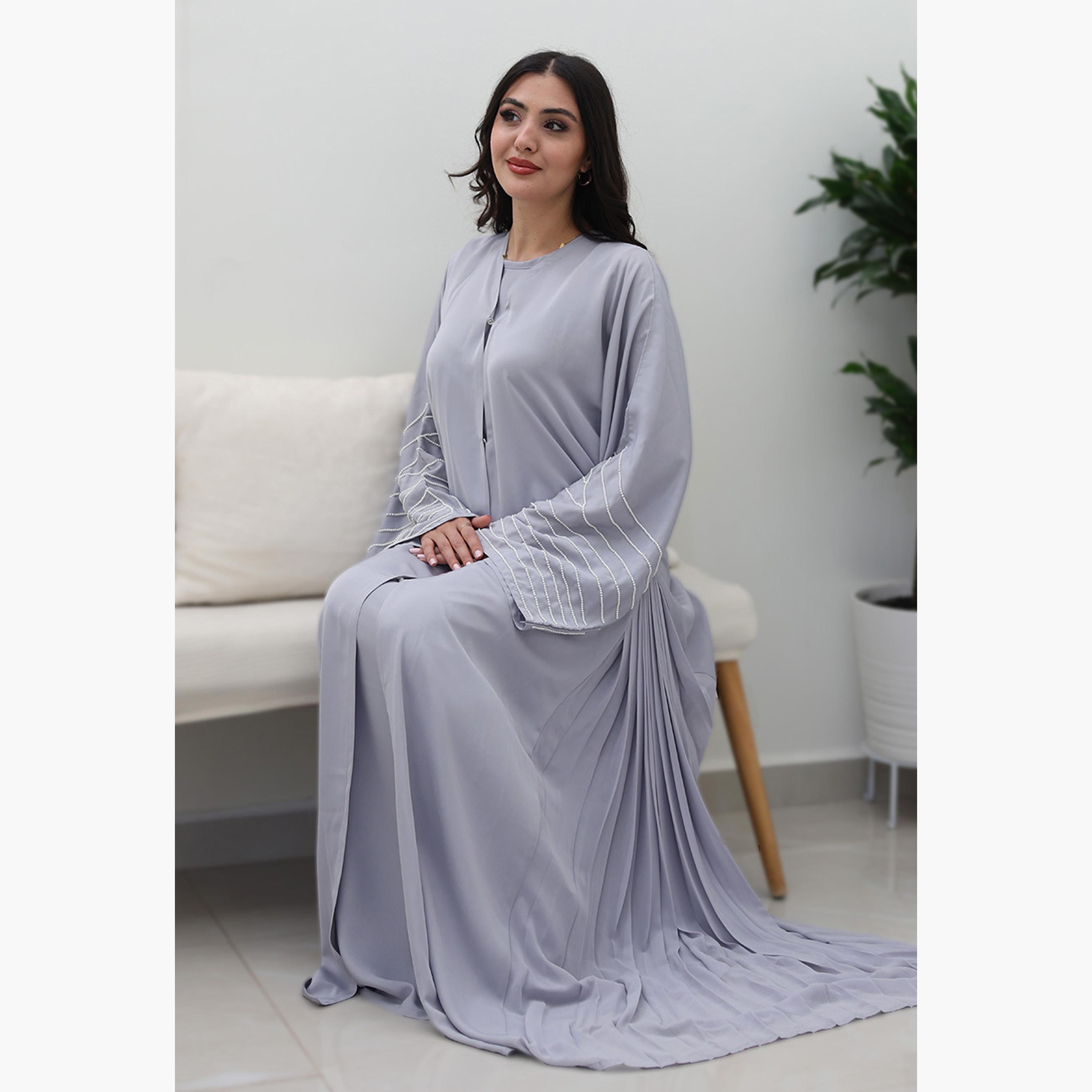 Nukhbaa Grey Beaded & Pleated Flared Sleeves Nida Women's Evening Flowy Abaya-women-arabicclothing-abayas-image-3