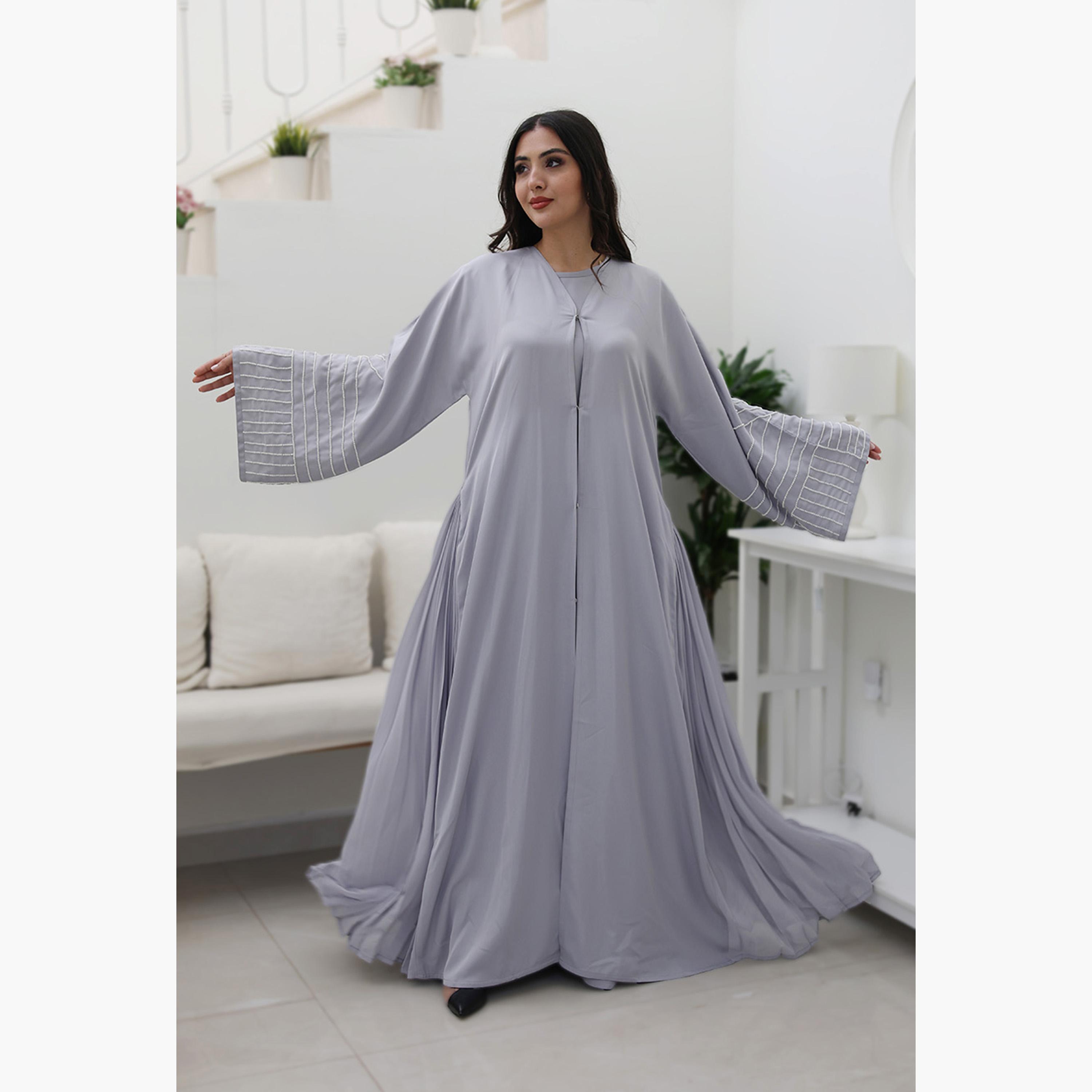 Nukhbaa Grey Beaded & Pleated Flared Sleeves Nida Women's Evening Flowy Abaya-women-arabicclothing-abayas-image-4