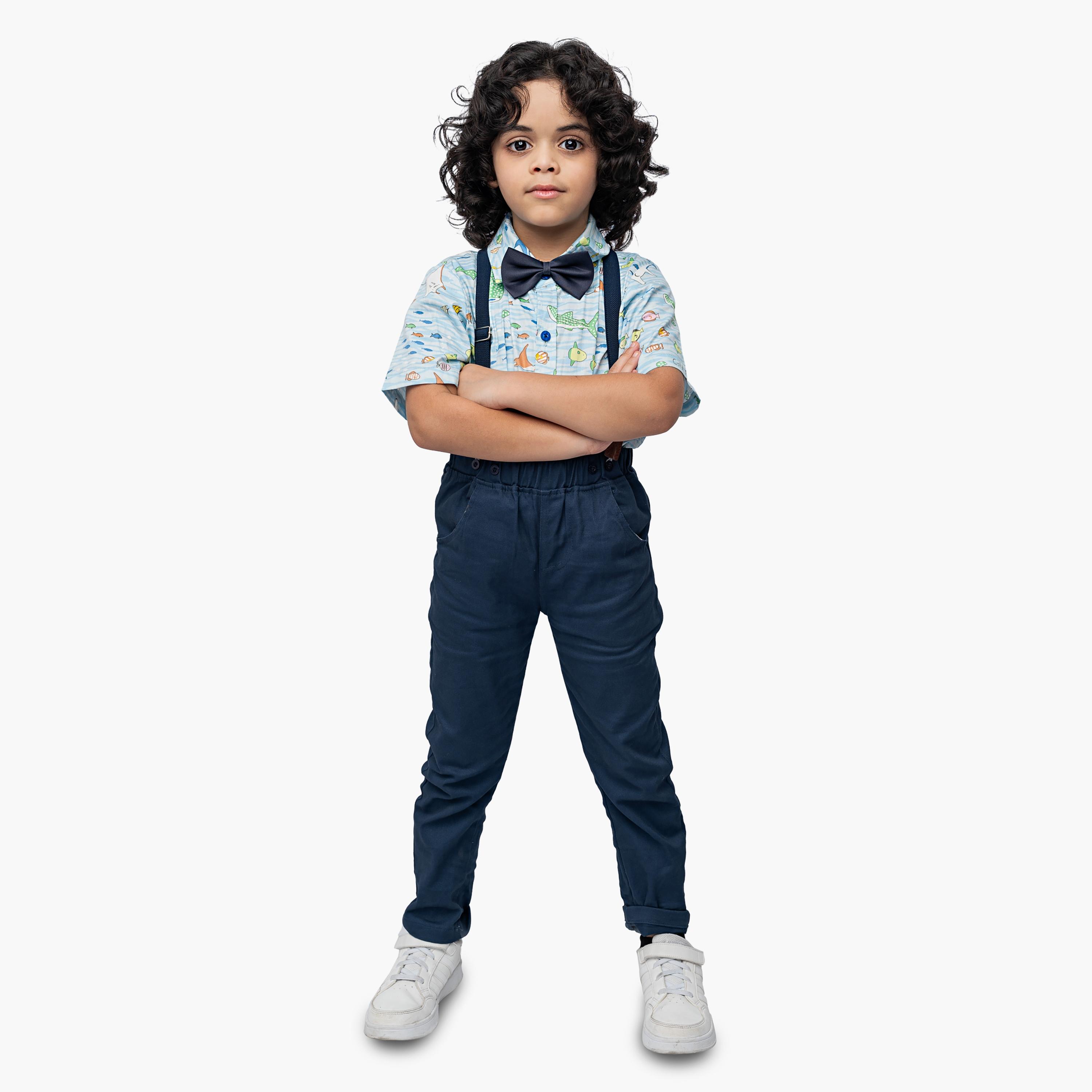Babyqlo 4-Piece All Over Fish Printed Shirt with Pants Bow Tie & Suspender-boys-clothing-setsandcoords-image-1