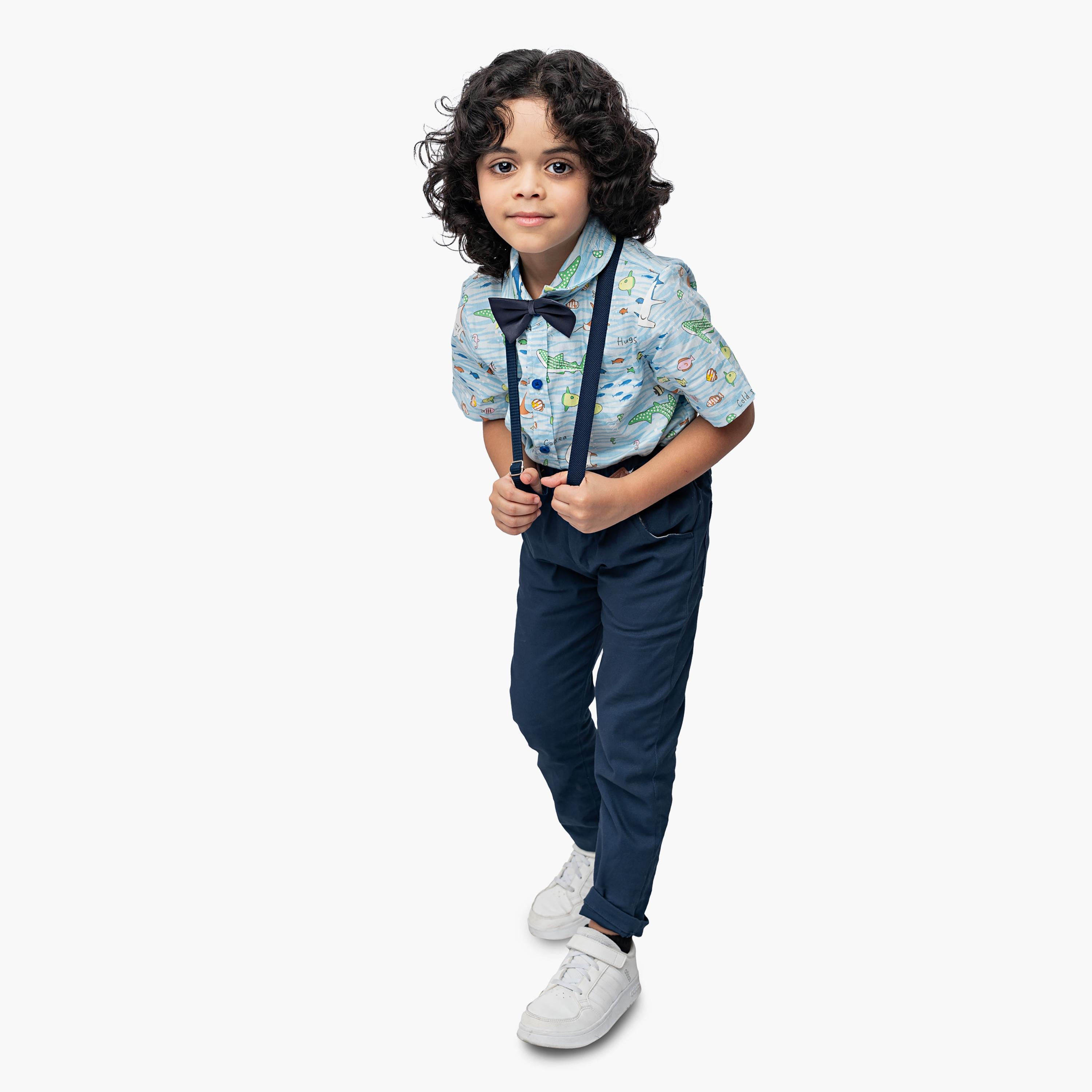 Babyqlo 4-Piece All Over Fish Printed Shirt with Pants Bow Tie & Suspender-boys-clothing-setsandcoords-image-2