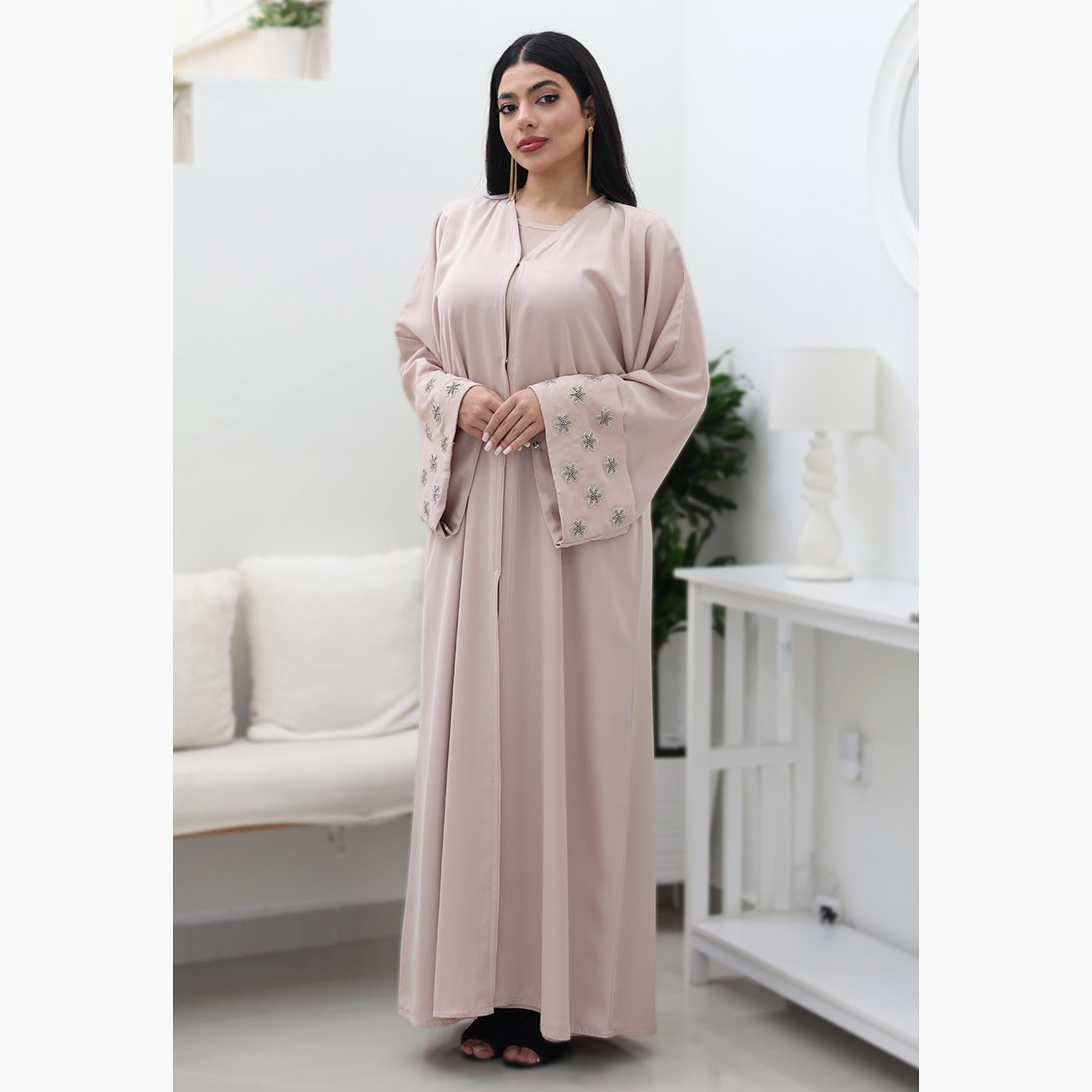 Nukhbaa Pink Flared Sleeves Nida Women's Abaya-women-arabicclothing-abayas-image-1