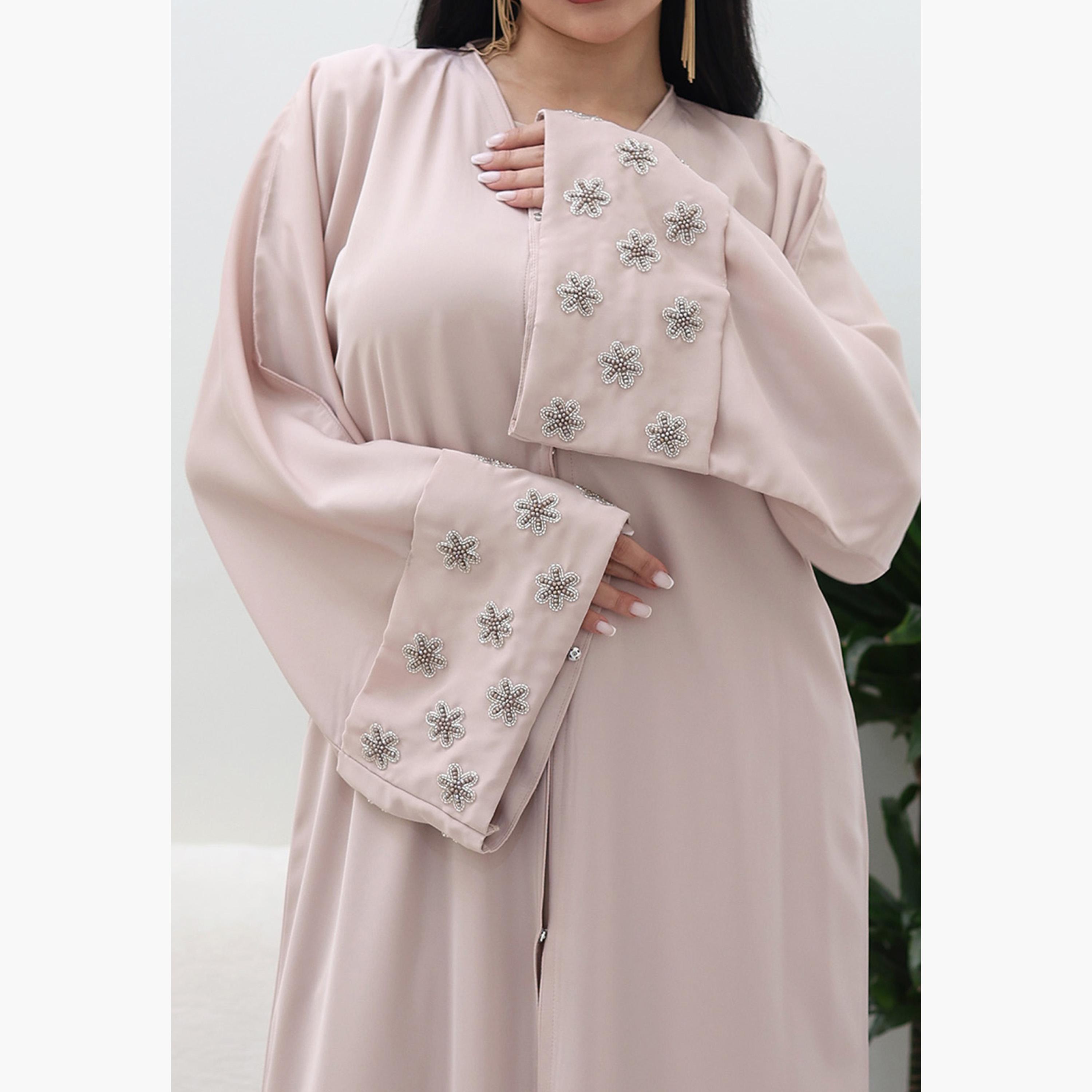 Nukhbaa Pink Flared Sleeves Nida Women's Abaya-women-arabicclothing-abayas-image-2