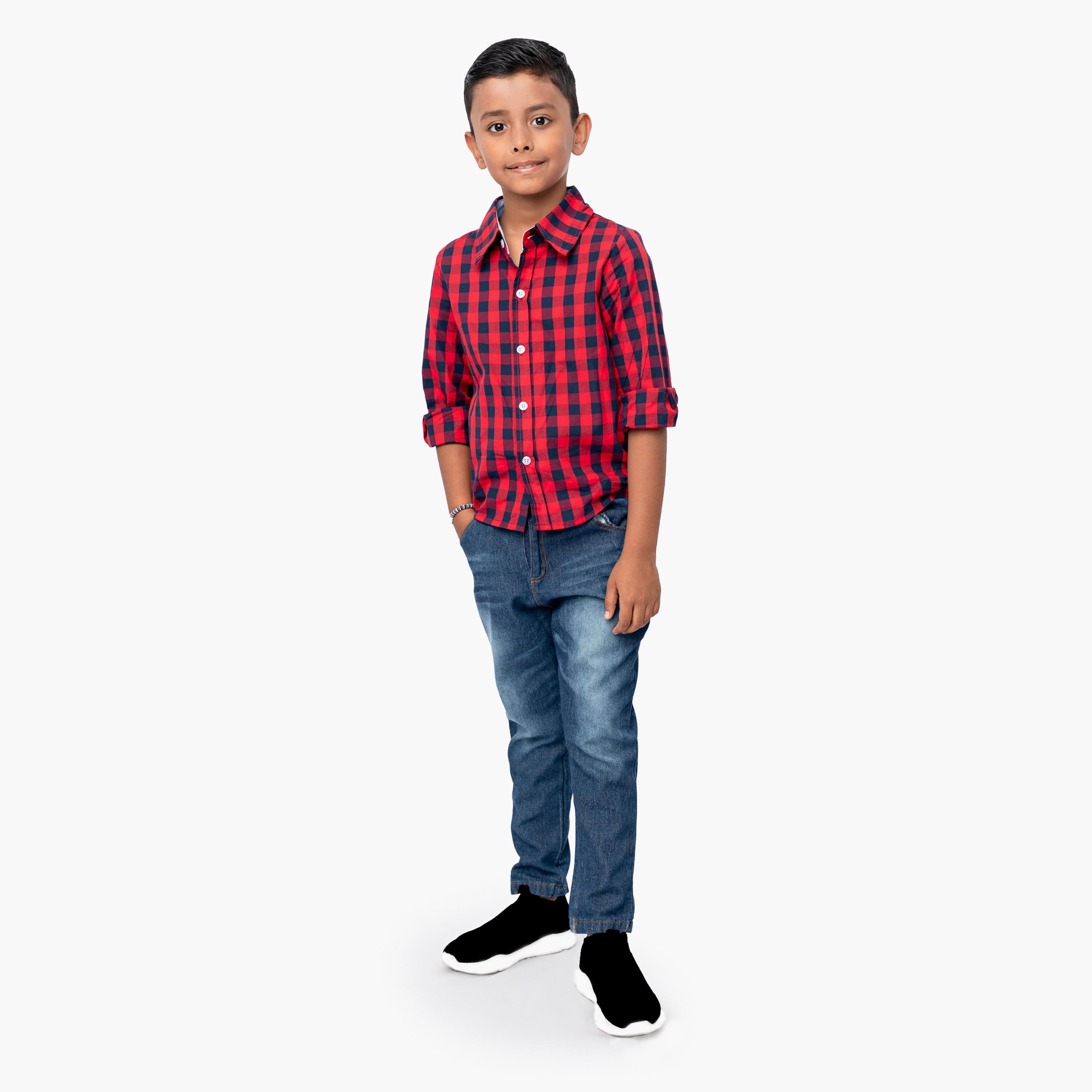 قميص كاروهات بأكمام طويلة مع جينز من بيبيكلو-boys-clothing-setsandcoords-image-1