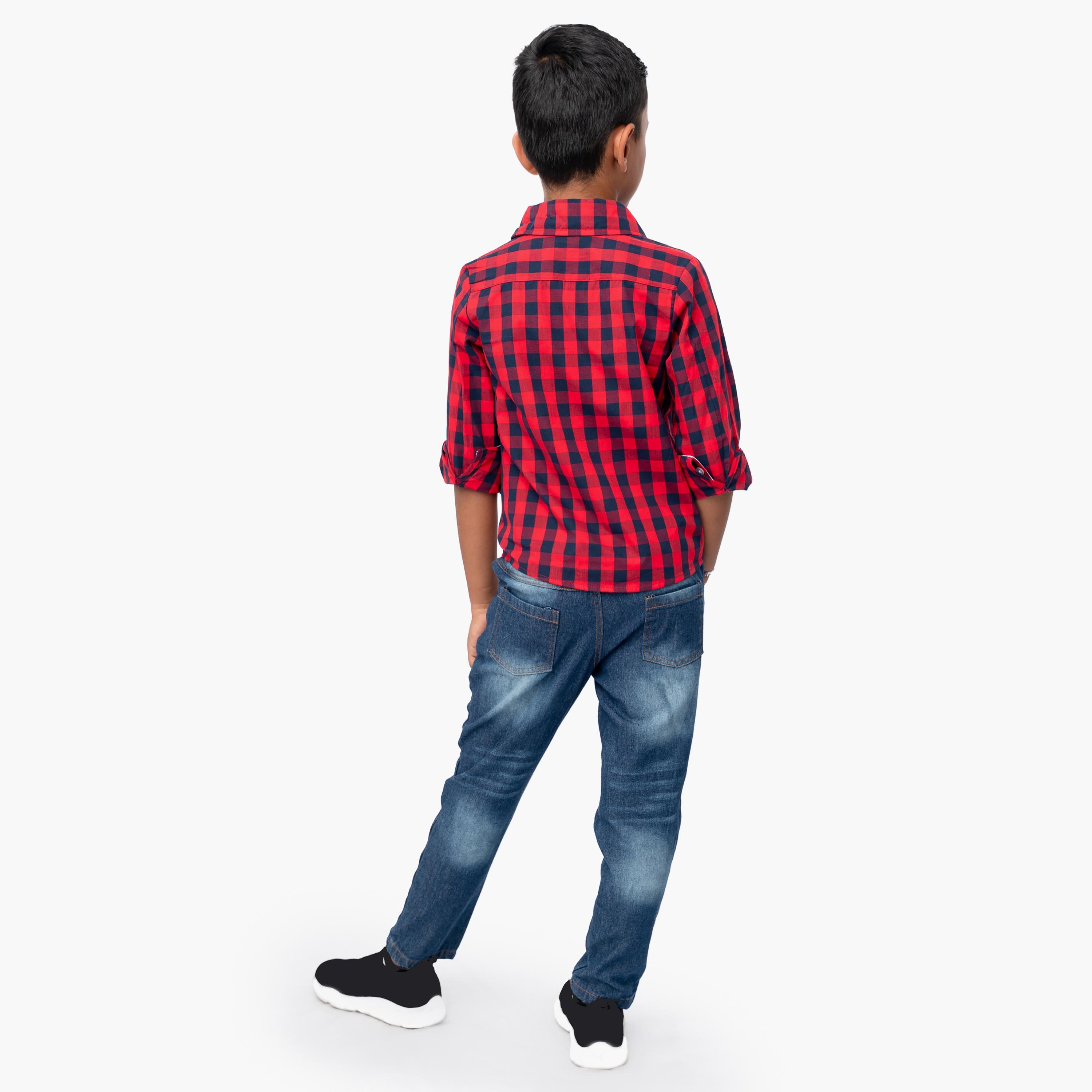 قميص كاروهات بأكمام طويلة مع جينز من بيبيكلو-boys-clothing-setsandcoords-image-3