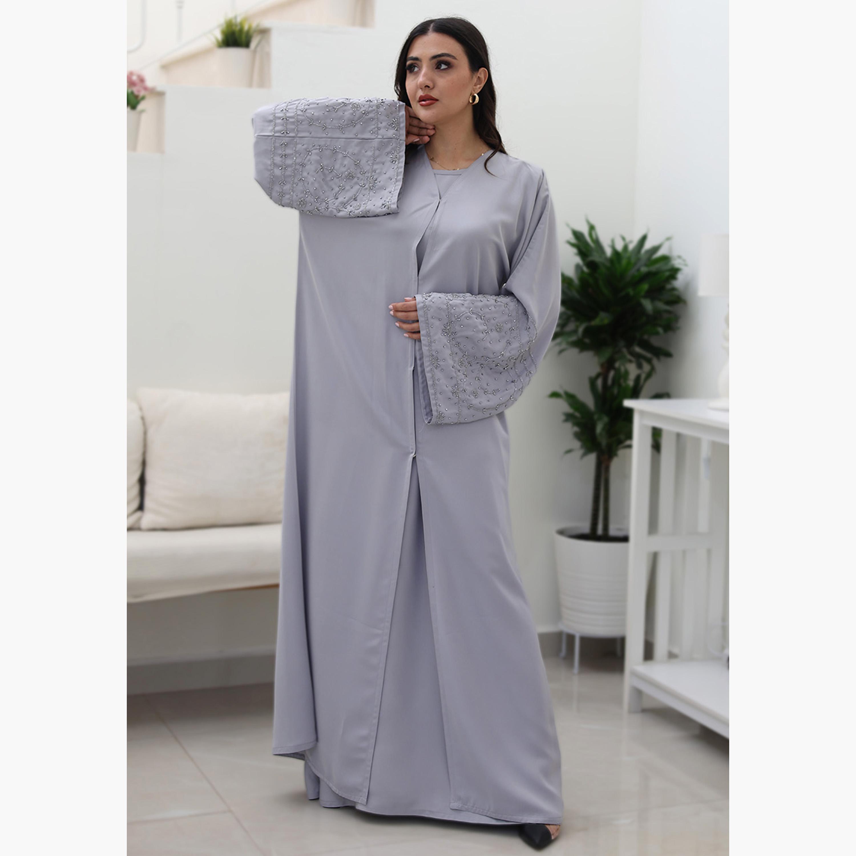 Nukhbaa Beaded Flared Sleeves Nida Women's Abaya-women-arabicclothing-abayas-image-1