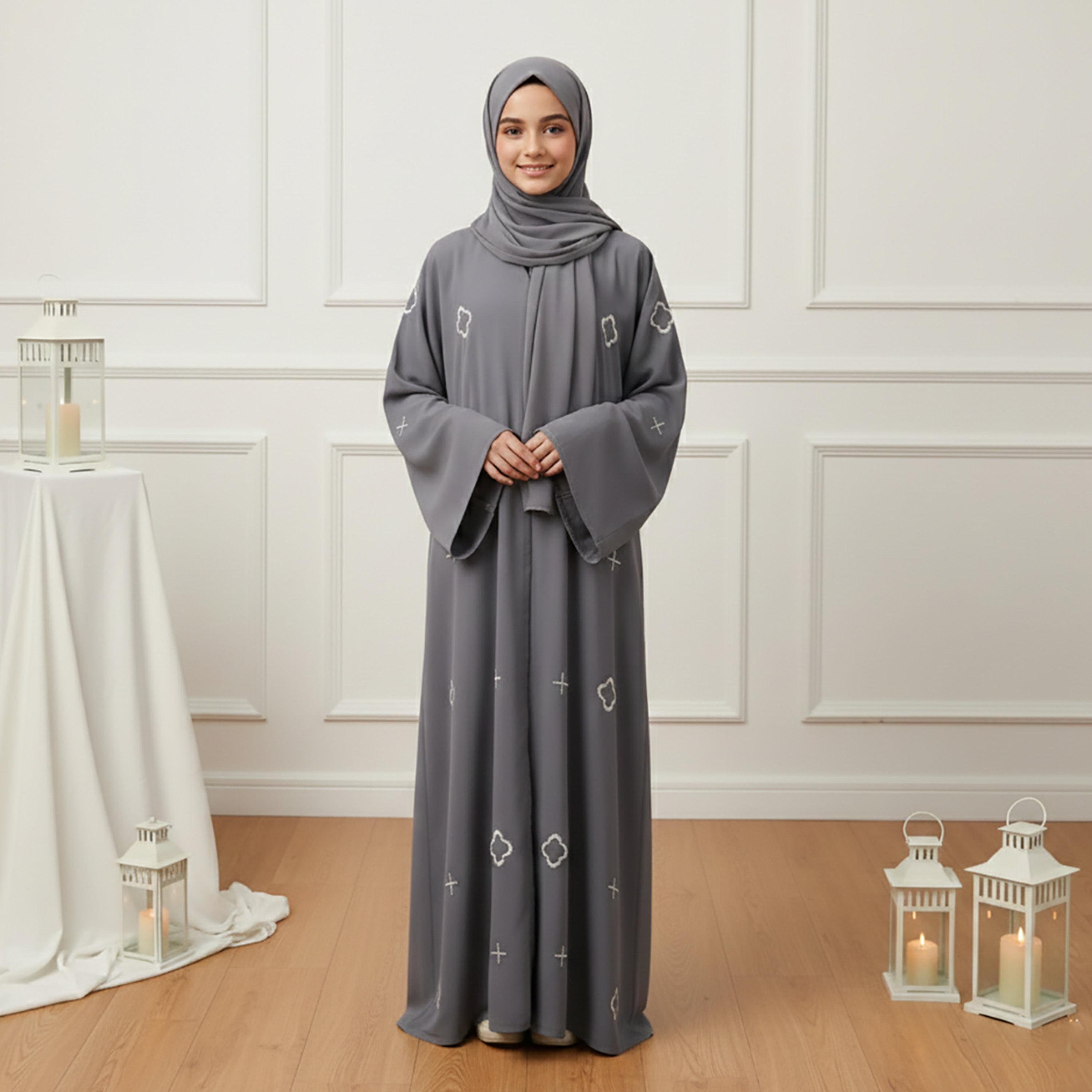 Nukhbaa Grey Embroidered Flared Sleeves Nida Girls Abaya with Hijab-girls-arabicclothing-abayas-image-1