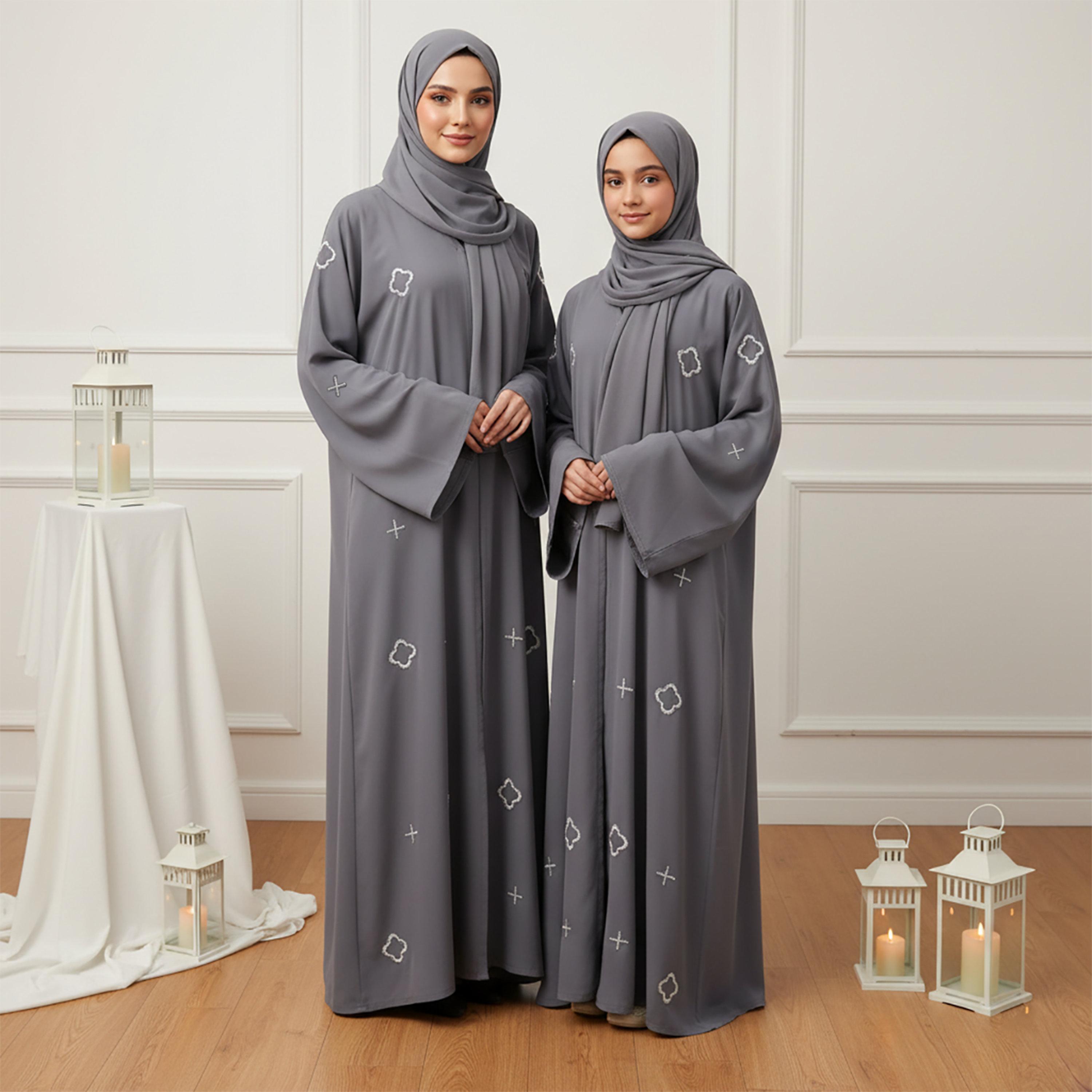 Nukhbaa Grey Embroidered Flared Sleeves Nida Women's Abaya with Hijab-women-arabicclothing-abayas-image-2
