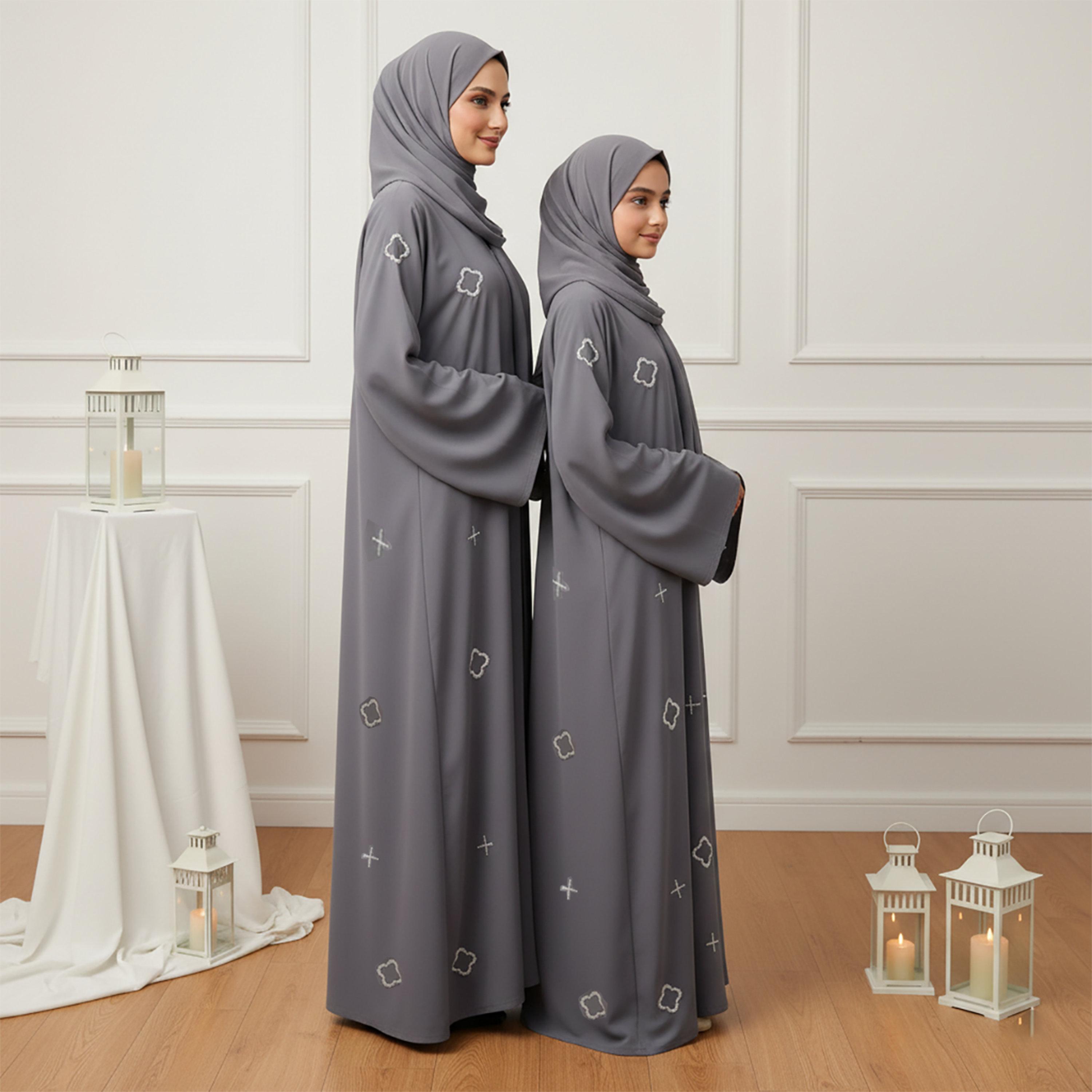 Nukhbaa Grey Embroidered Flared Sleeves Nida Women's Abaya with Hijab-women-arabicclothing-abayas-image-3