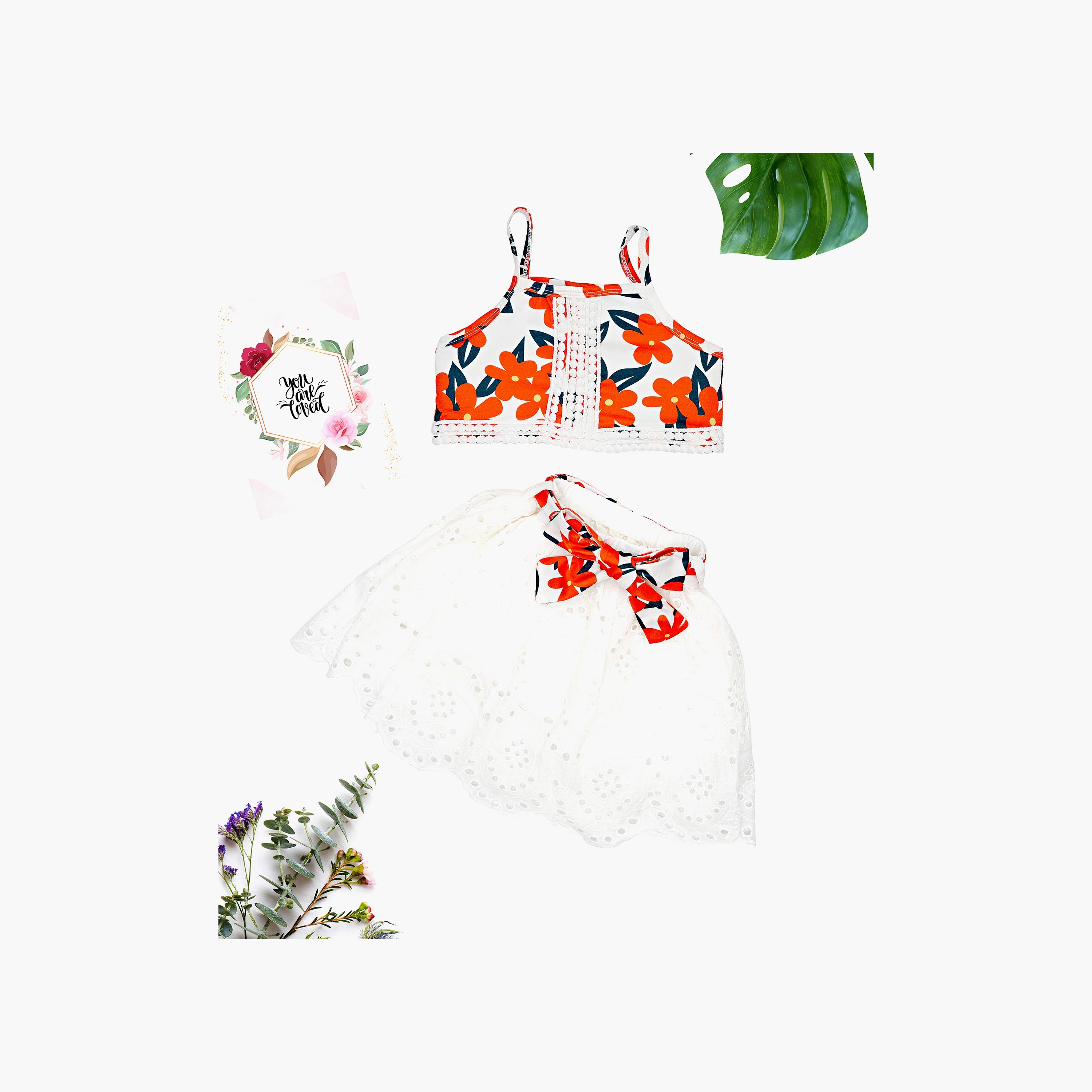 Babyqlo 2-Piece Floral Printed Sleeveless Crop Top, Skirt with Belt-baby-girls-clothing-setsandcoords-image-1