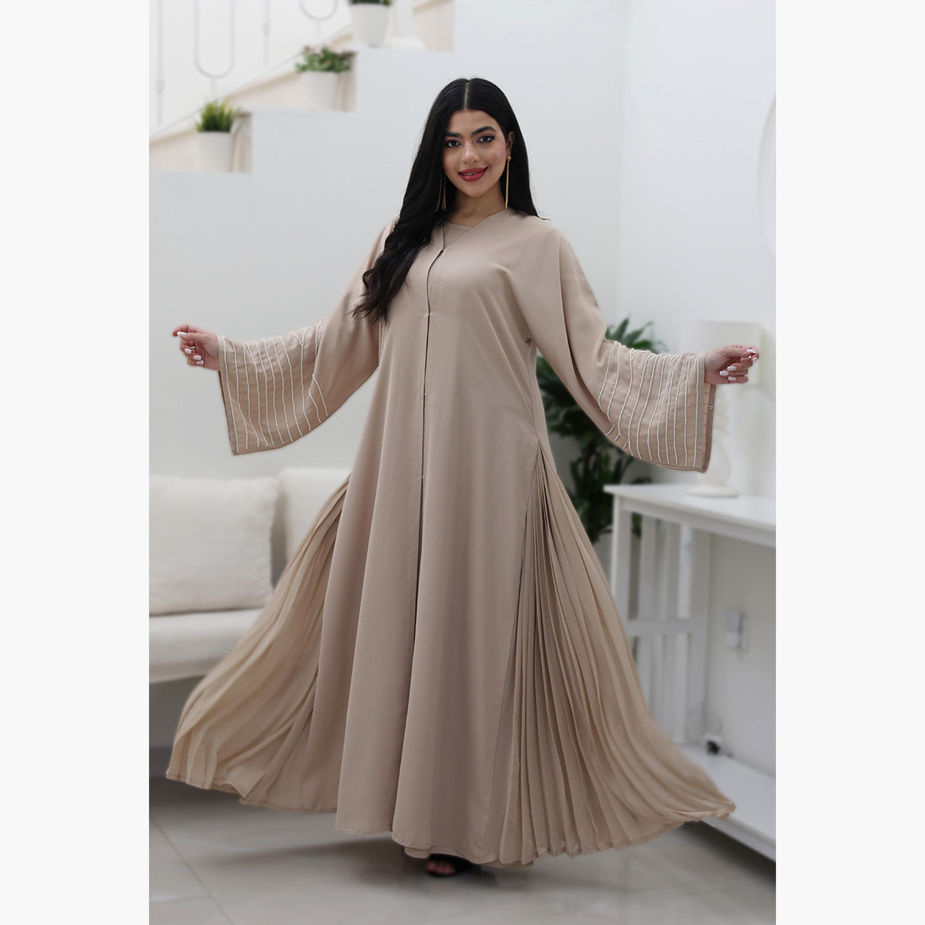 Nukhbaa Beige Beaded & Pleated Flared Sleeves Nida Women's Evening Flowy Abaya-women-arabicclothing-abayas-image-1