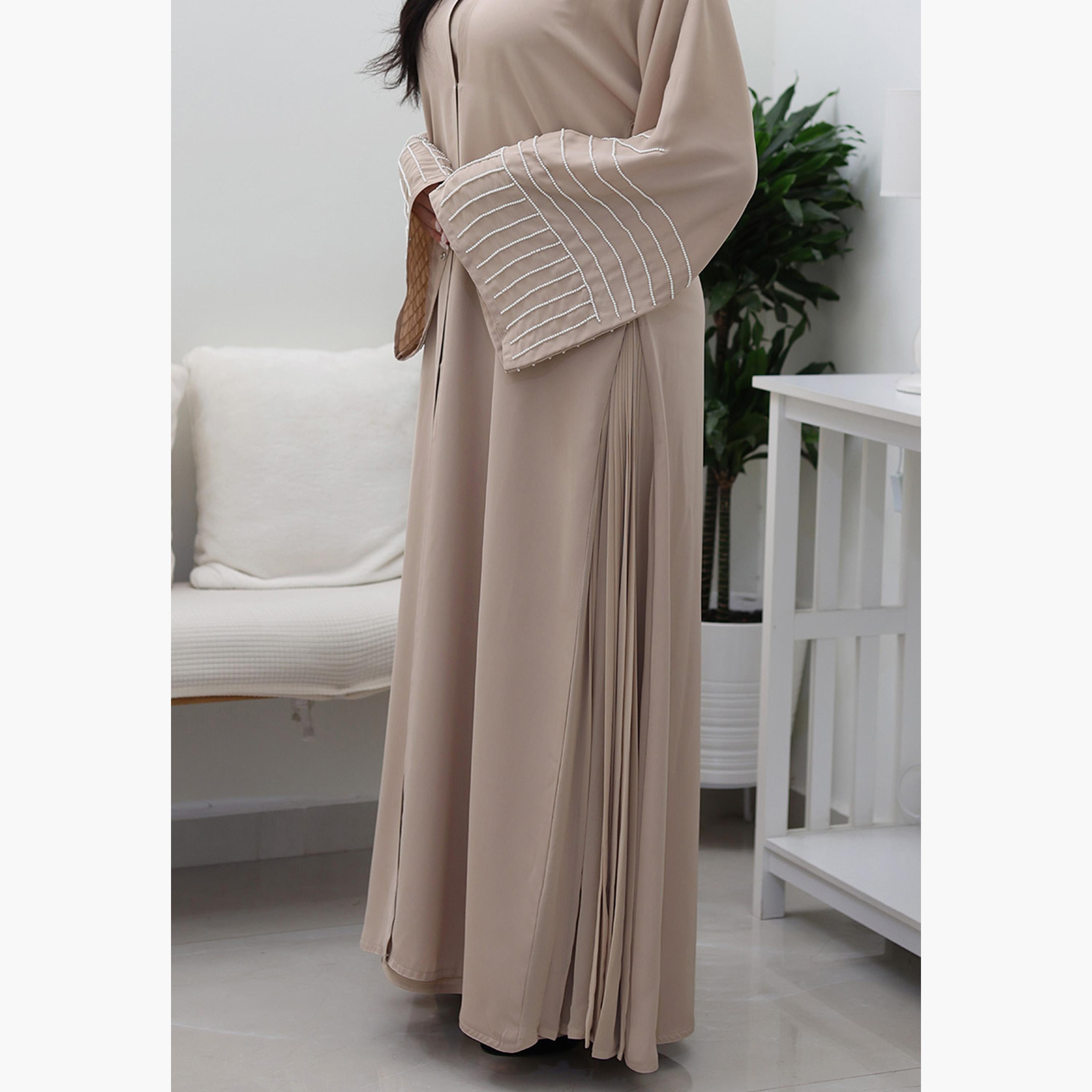 Nukhbaa Beige Beaded & Pleated Flared Sleeves Nida Women's Evening Flowy Abaya-women-arabicclothing-abayas-image-2