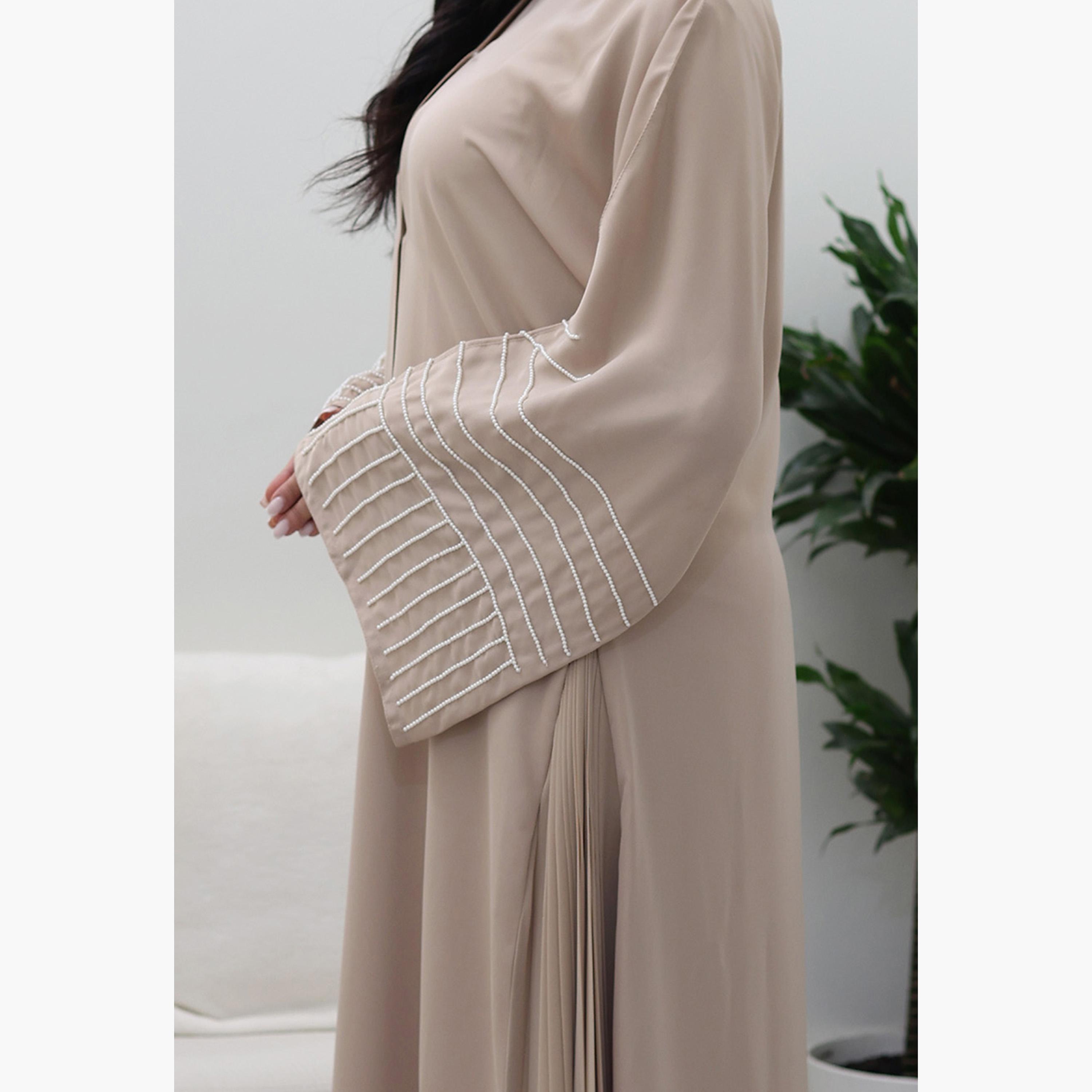 Nukhbaa Beige Beaded & Pleated Flared Sleeves Nida Women's Evening Flowy Abaya-women-arabicclothing-abayas-image-3
