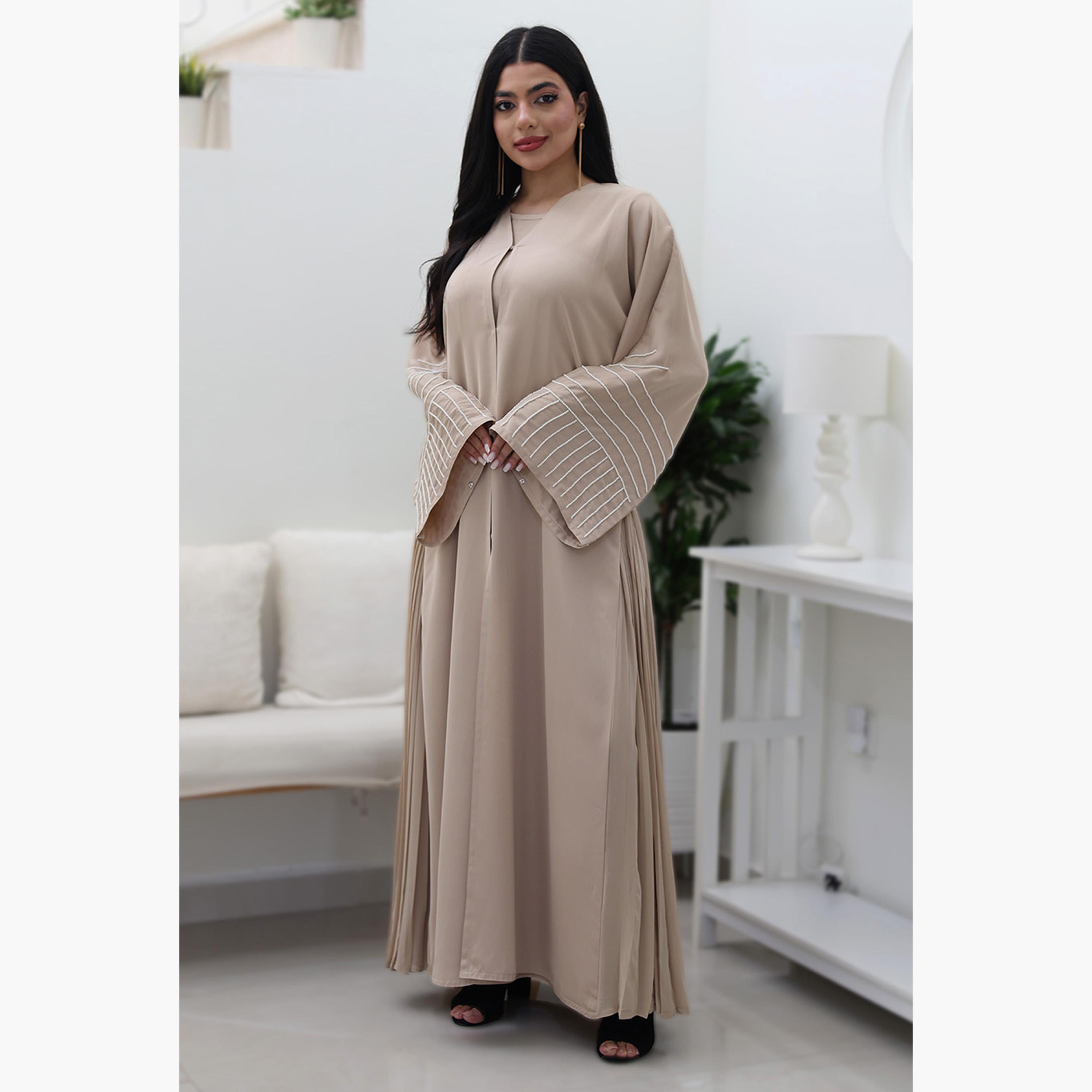Nukhbaa Beige Beaded & Pleated Flared Sleeves Nida Women's Evening Flowy Abaya-women-arabicclothing-abayas-image-4