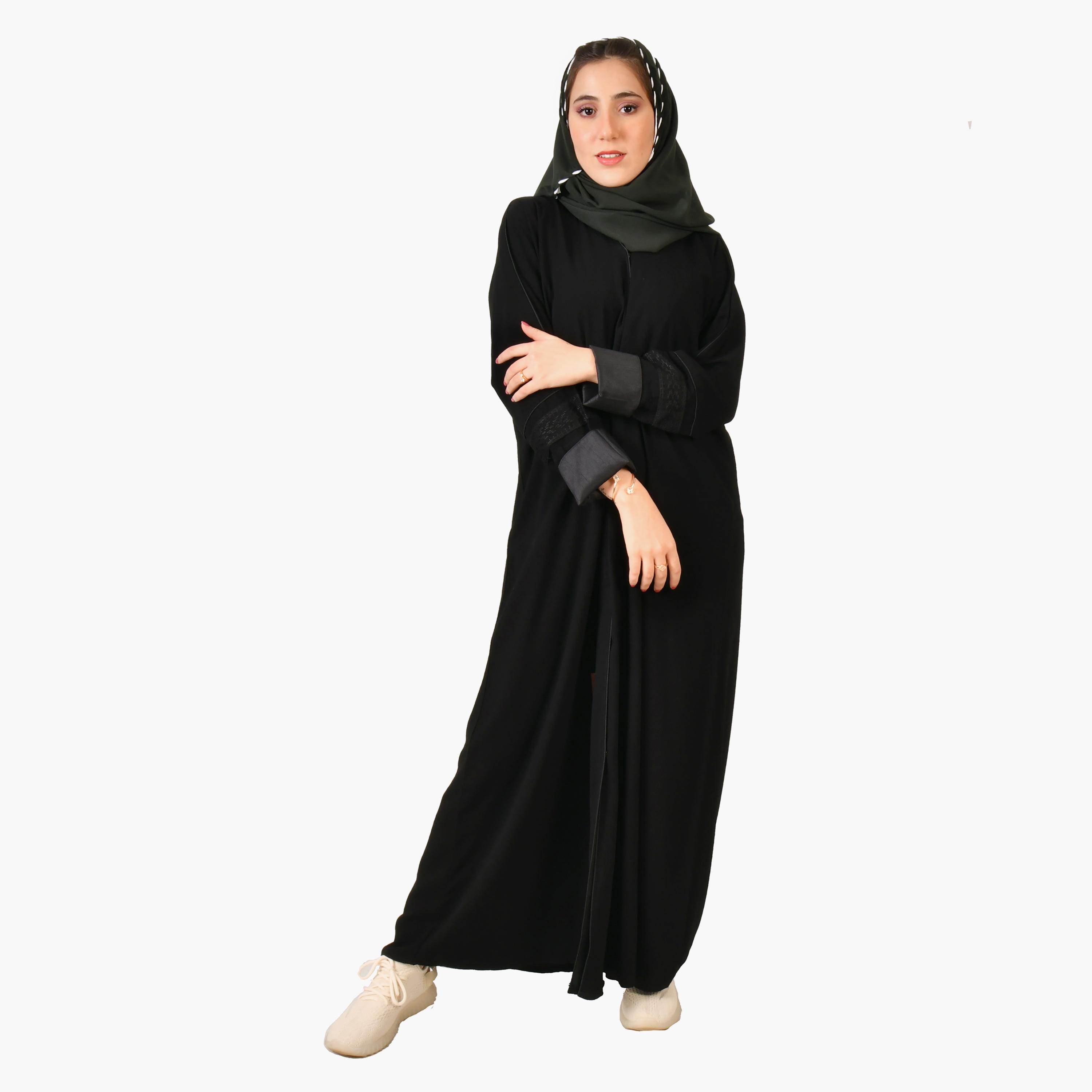Hawraa Black Embroidered Long Sleeves Crepe Abaya with Hijab-women-arabicclothing-abayas-image-1