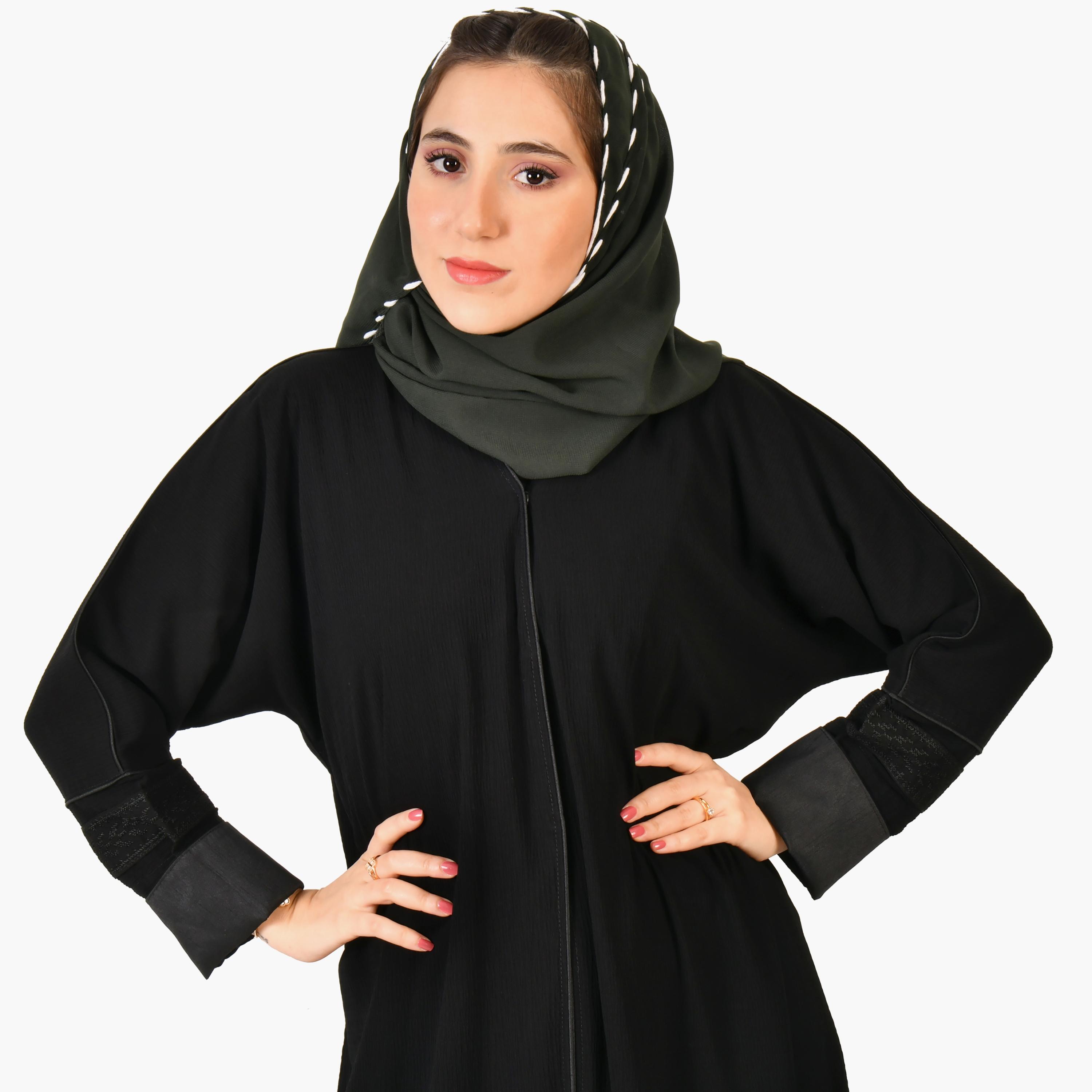 Hawraa Black Embroidered Long Sleeves Crepe Abaya with Hijab-women-arabicclothing-abayas-image-2