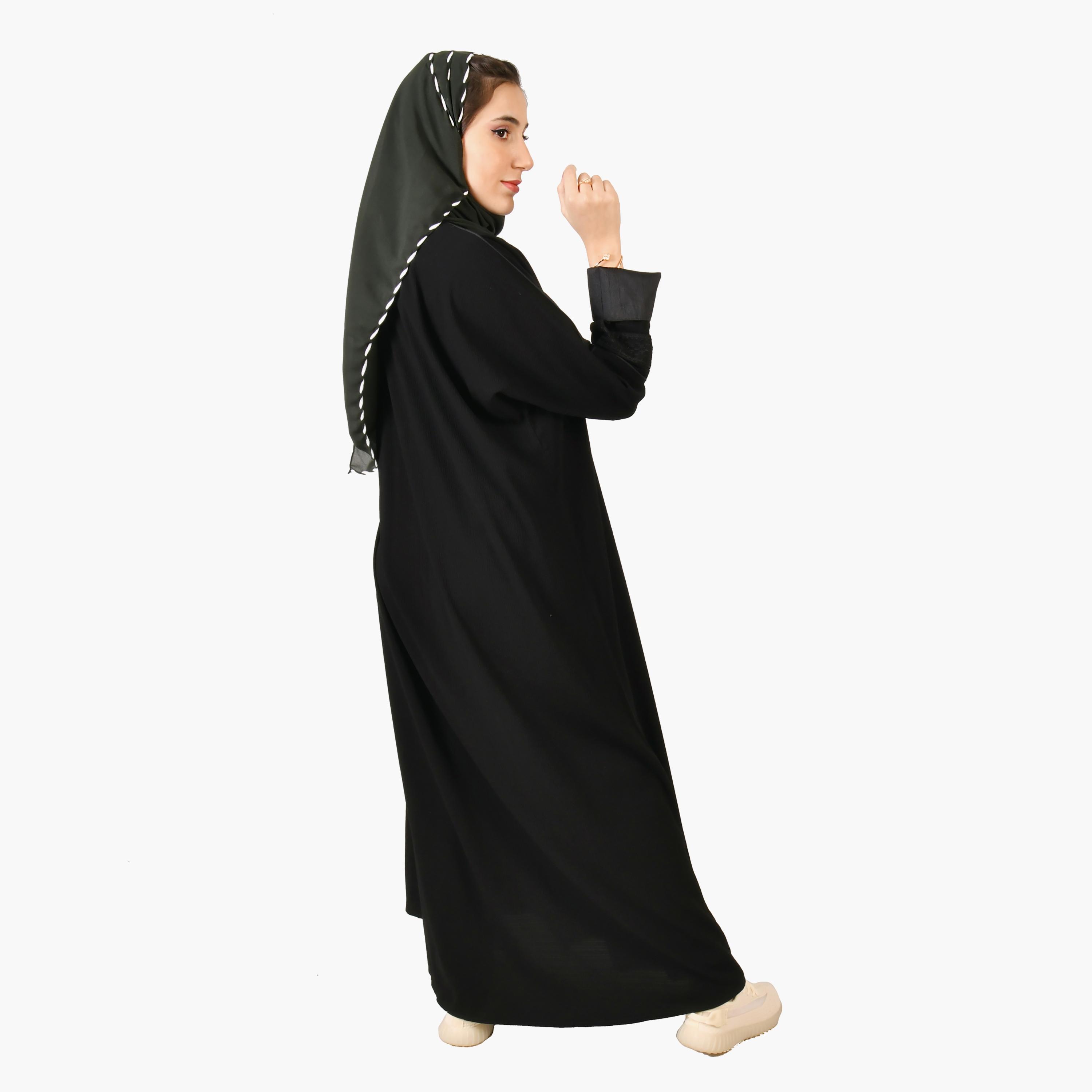 Hawraa Black Embroidered Long Sleeves Crepe Abaya with Hijab-women-arabicclothing-abayas-image-4