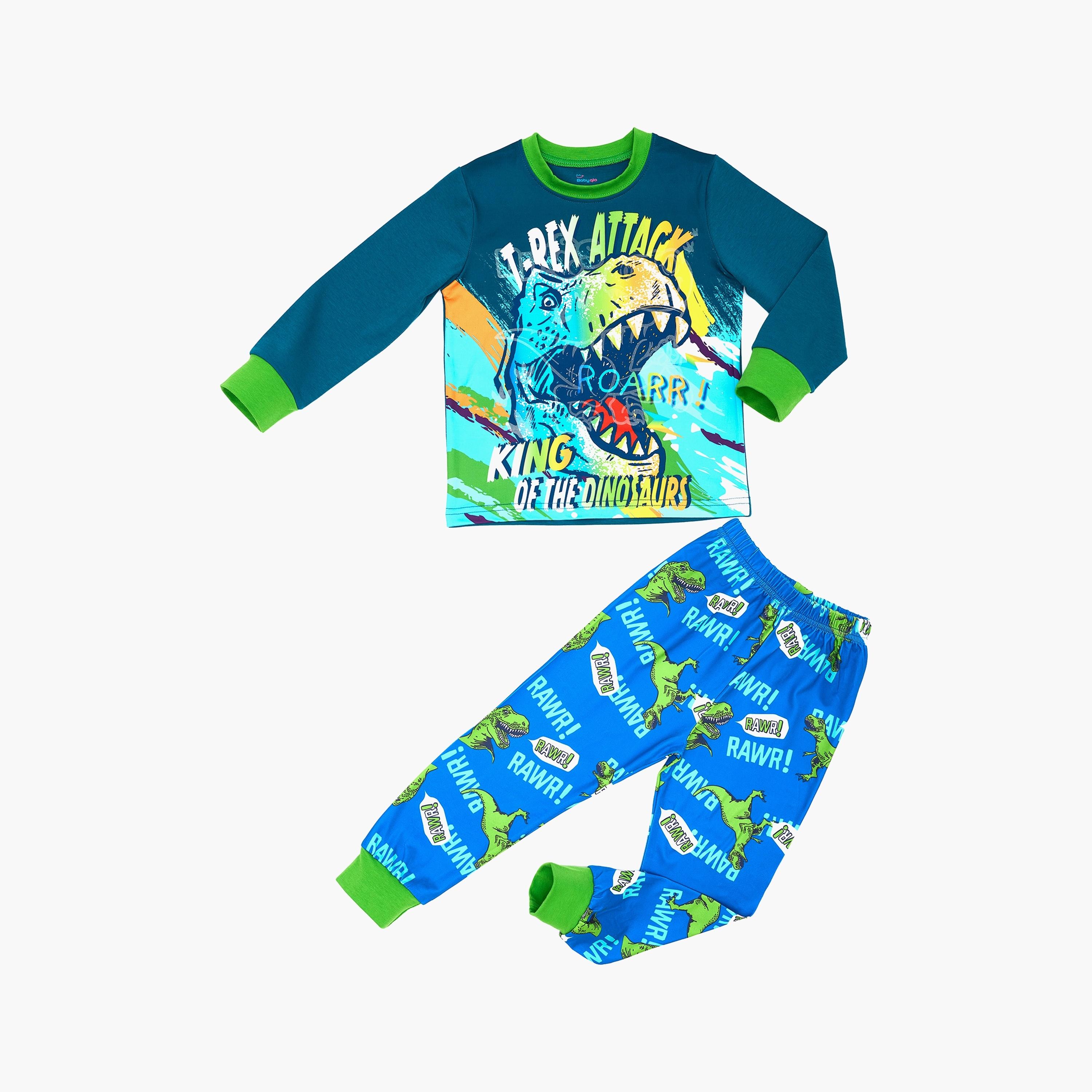 Babyqlo T-Rex Attack Glow-In-The-Dark Cotton Pyjama Set-boys-clothing-nightwear-image-1
