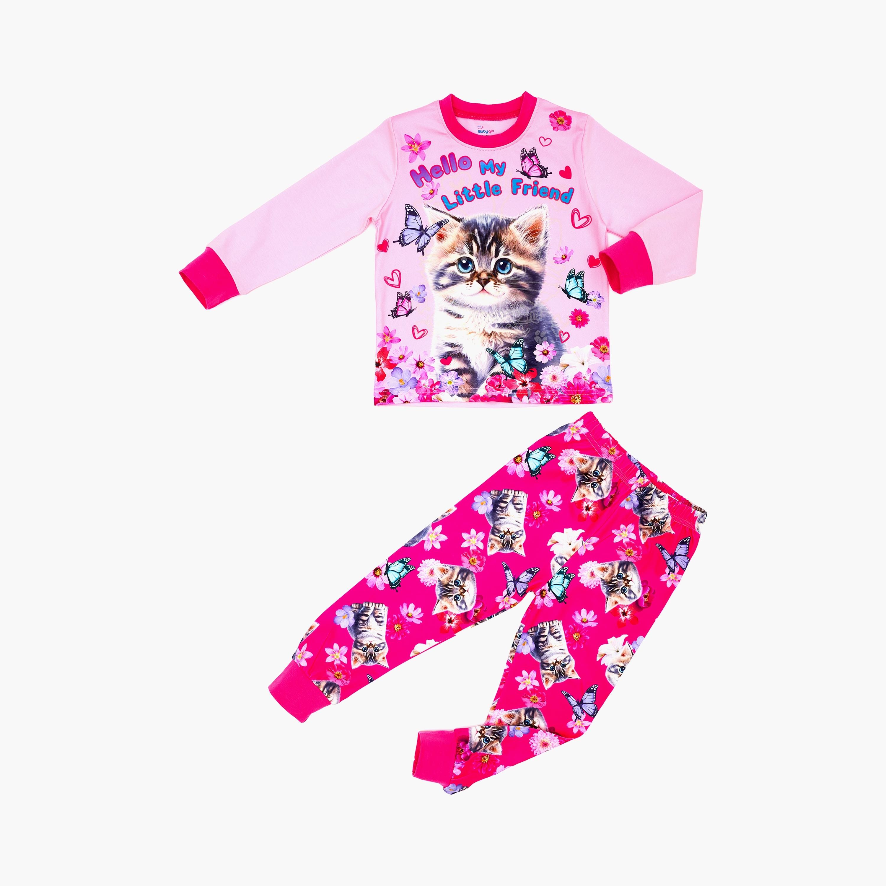 Babyqlo Kitten & Butterflies Glow-In-The-Dark Cotton Pyjama Set-girls-clothing-nightwear-image-1