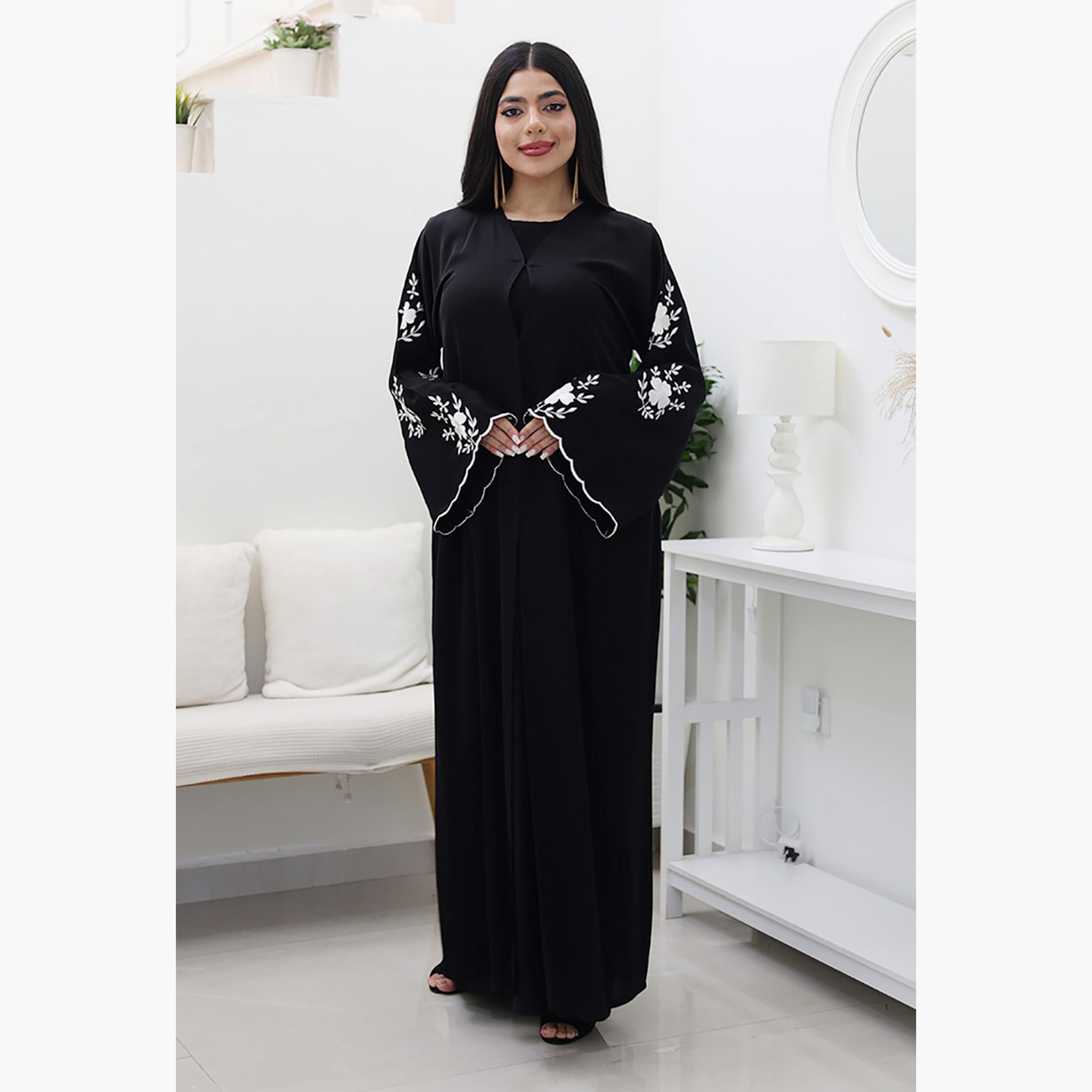 Nukhbaa Black Floral Embroidered Flared Sleeves Nida Women's Evening Abaya-women-arabicclothing-abayas-image-1