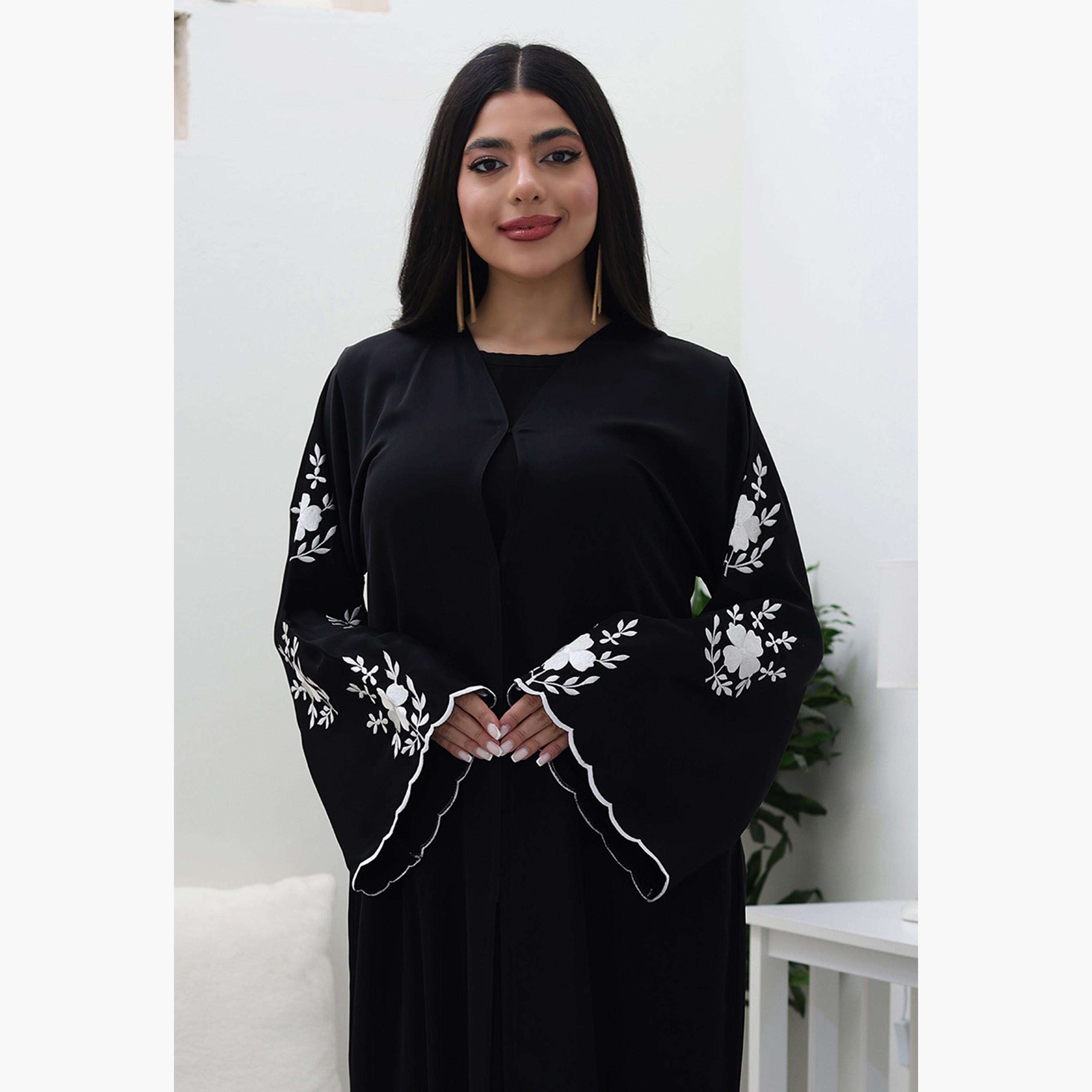 Nukhbaa Black Floral Embroidered Flared Sleeves Nida Women's Evening Abaya-women-arabicclothing-abayas-image-2