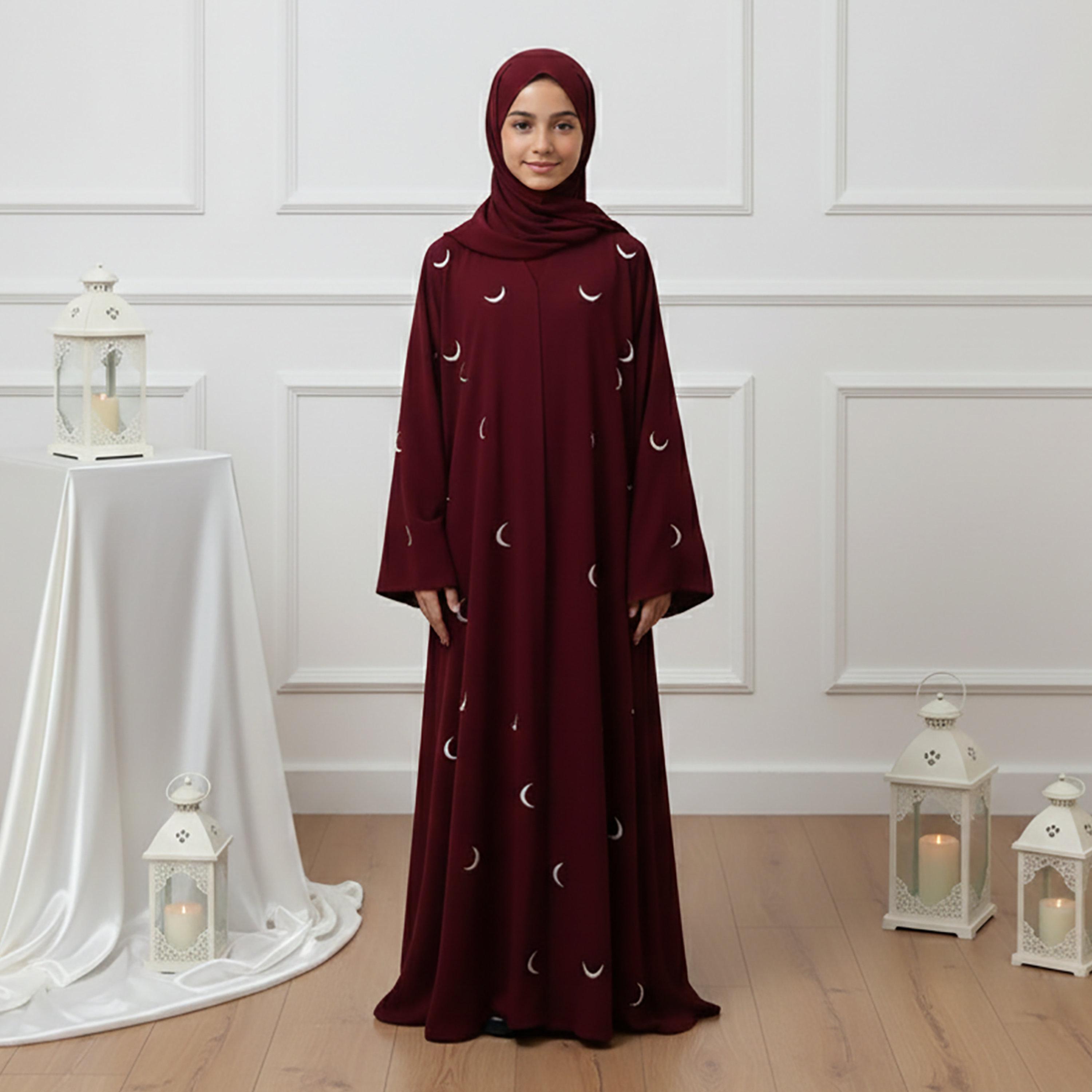 Nukhbaa Red Embroidered Moon Flared Sleeves Nida Girls Abaya with Hijab-girls-arabicclothing-abayas-image-1