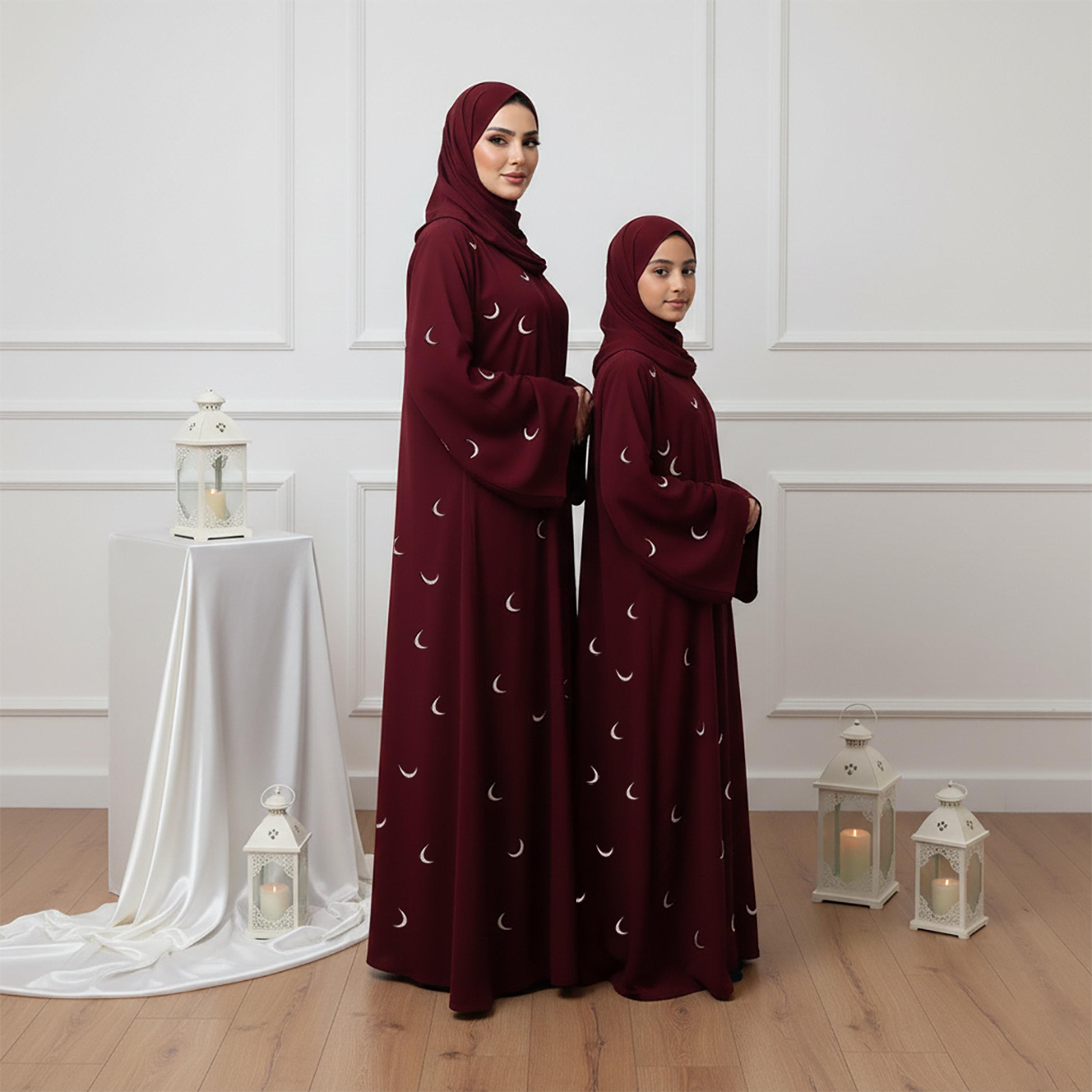 Nukhbaa Red Embroidered Moon Flared Sleeves Nida Girls Abaya with Hijab-girls-arabicclothing-abayas-image-3