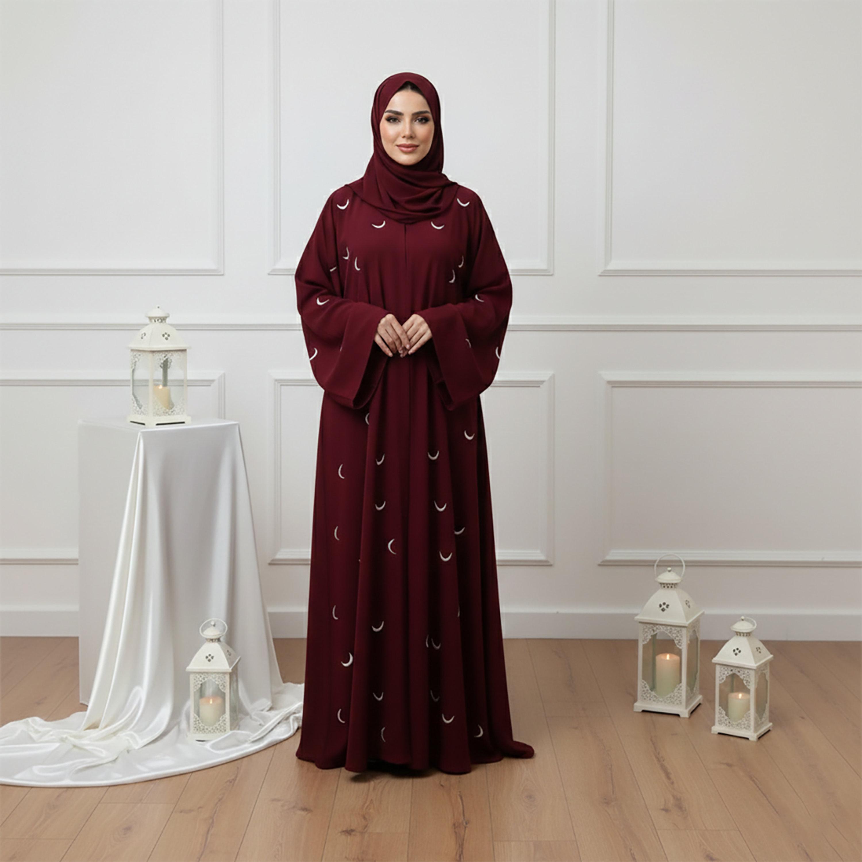 Nukhbaa Red Embroidered Moon Flared Sleeves Nida Women's Abaya with Hijab-women-arabicclothing-abayas-image-1