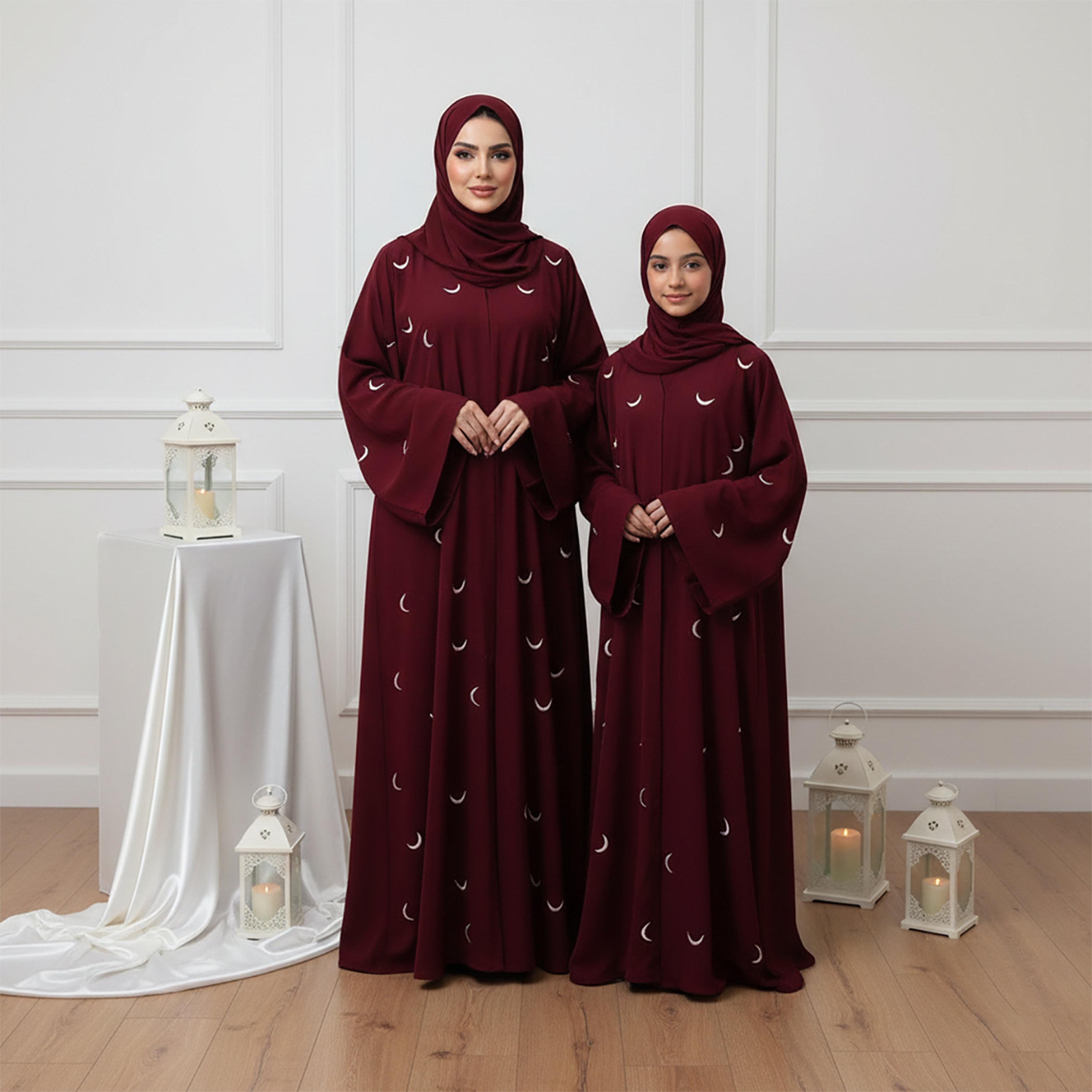 Nukhbaa Red Embroidered Moon Flared Sleeves Nida Women's Abaya with Hijab-women-arabicclothing-abayas-image-2
