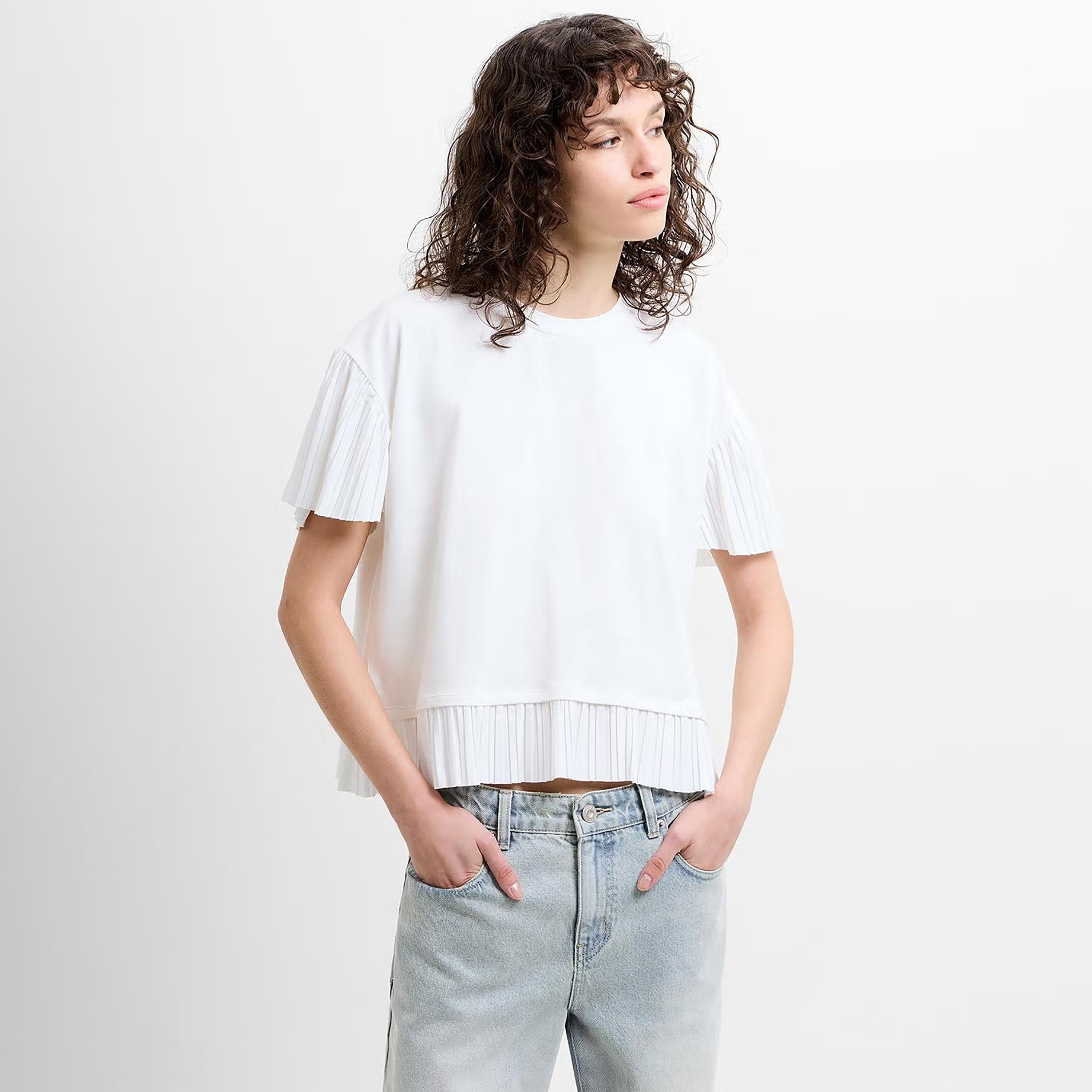French Connection White Plisse Trim Cap Sleeves Women's T-Shirt-women-clothing-tshirts-image-1
