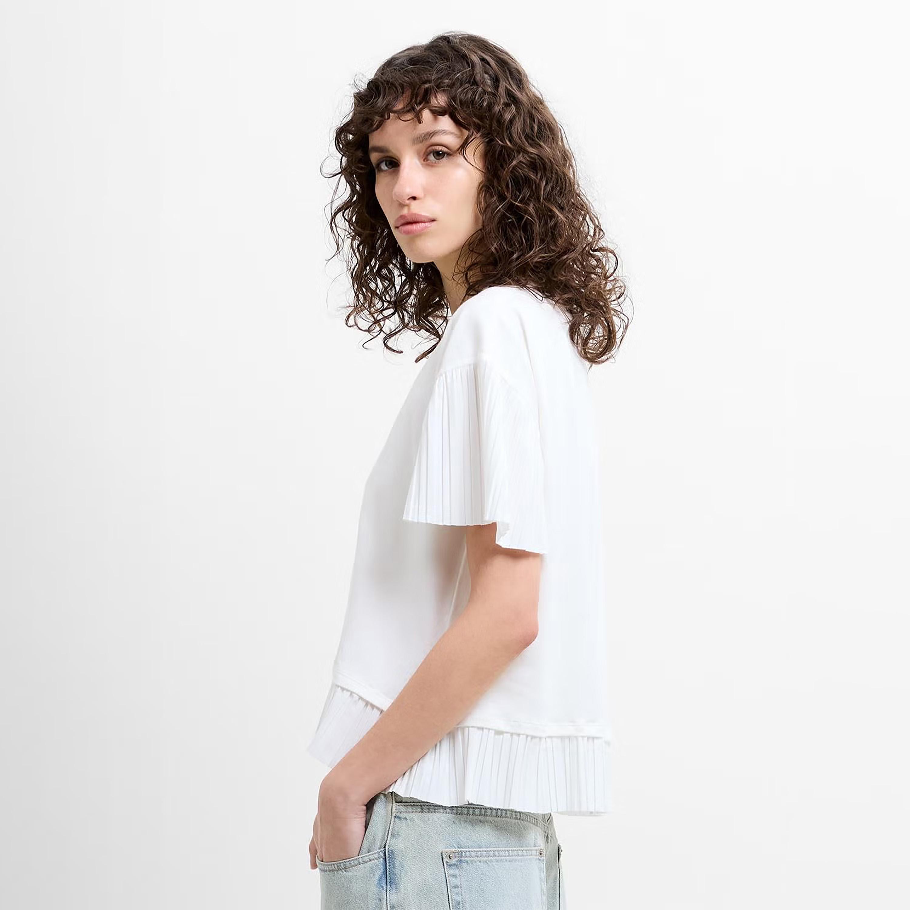 French Connection White Plisse Trim Cap Sleeves Women's T-Shirt-women-clothing-tshirts-image-4