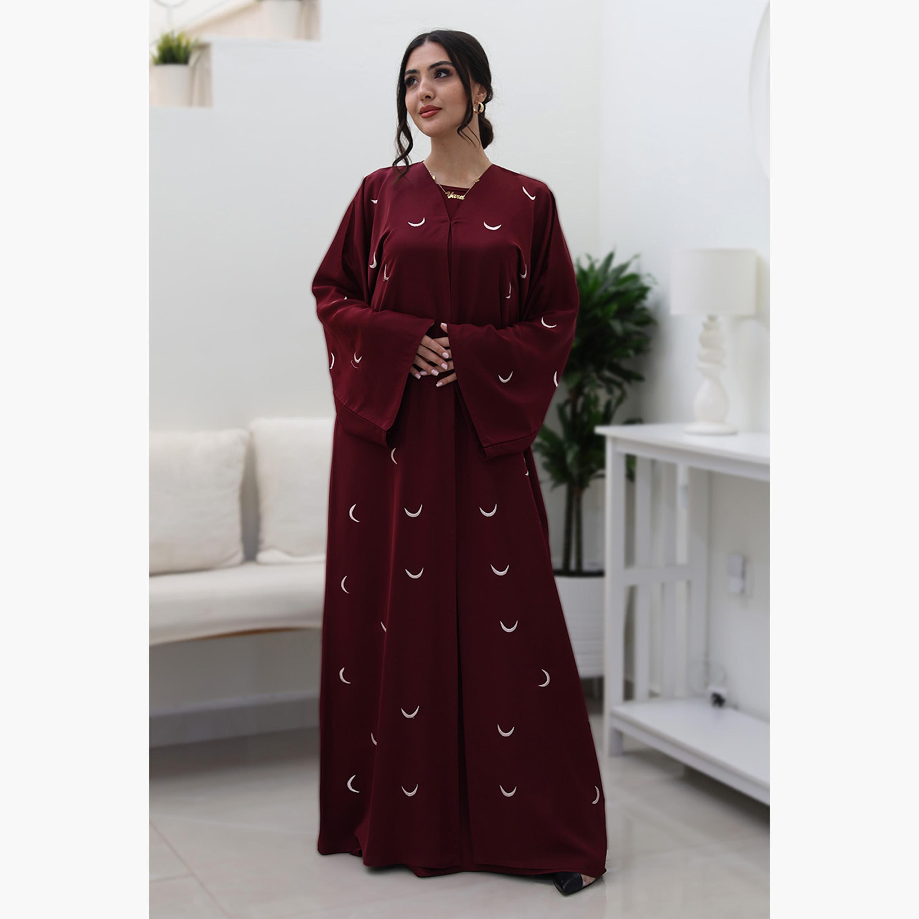 Nukhbaa Maroon Geometric Embroidered Flared Sleeves Nida Women's Evening Abaya-women-arabicclothing-abayas-image-1