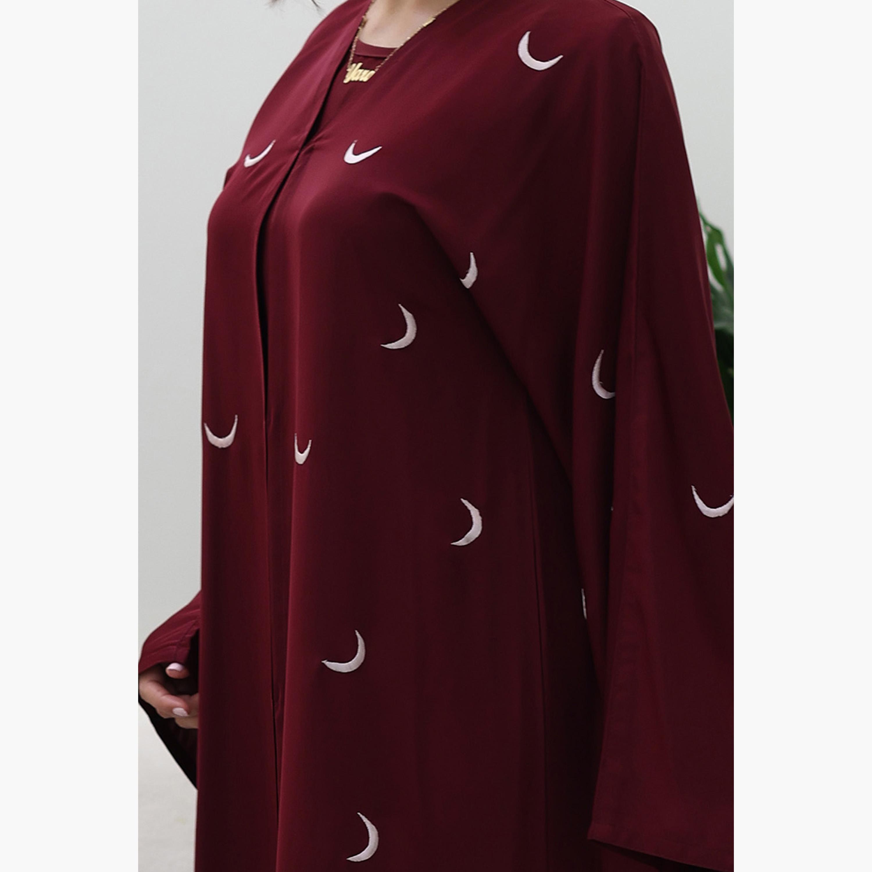 Nukhbaa Maroon Geometric Embroidered Flared Sleeves Nida Women's Evening Abaya-women-arabicclothing-abayas-image-2