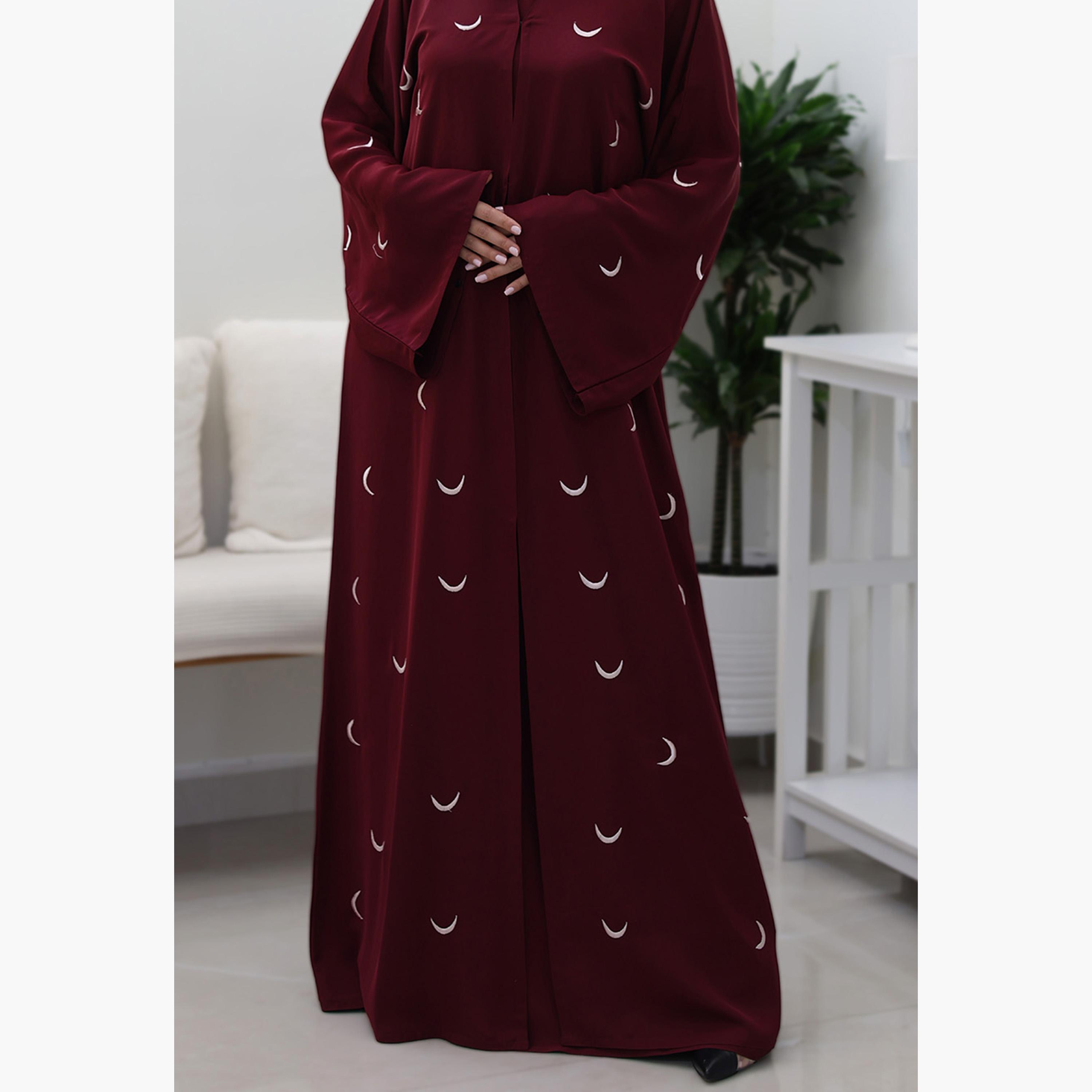 Nukhbaa Maroon Geometric Embroidered Flared Sleeves Nida Women's Evening Abaya-women-arabicclothing-abayas-image-3