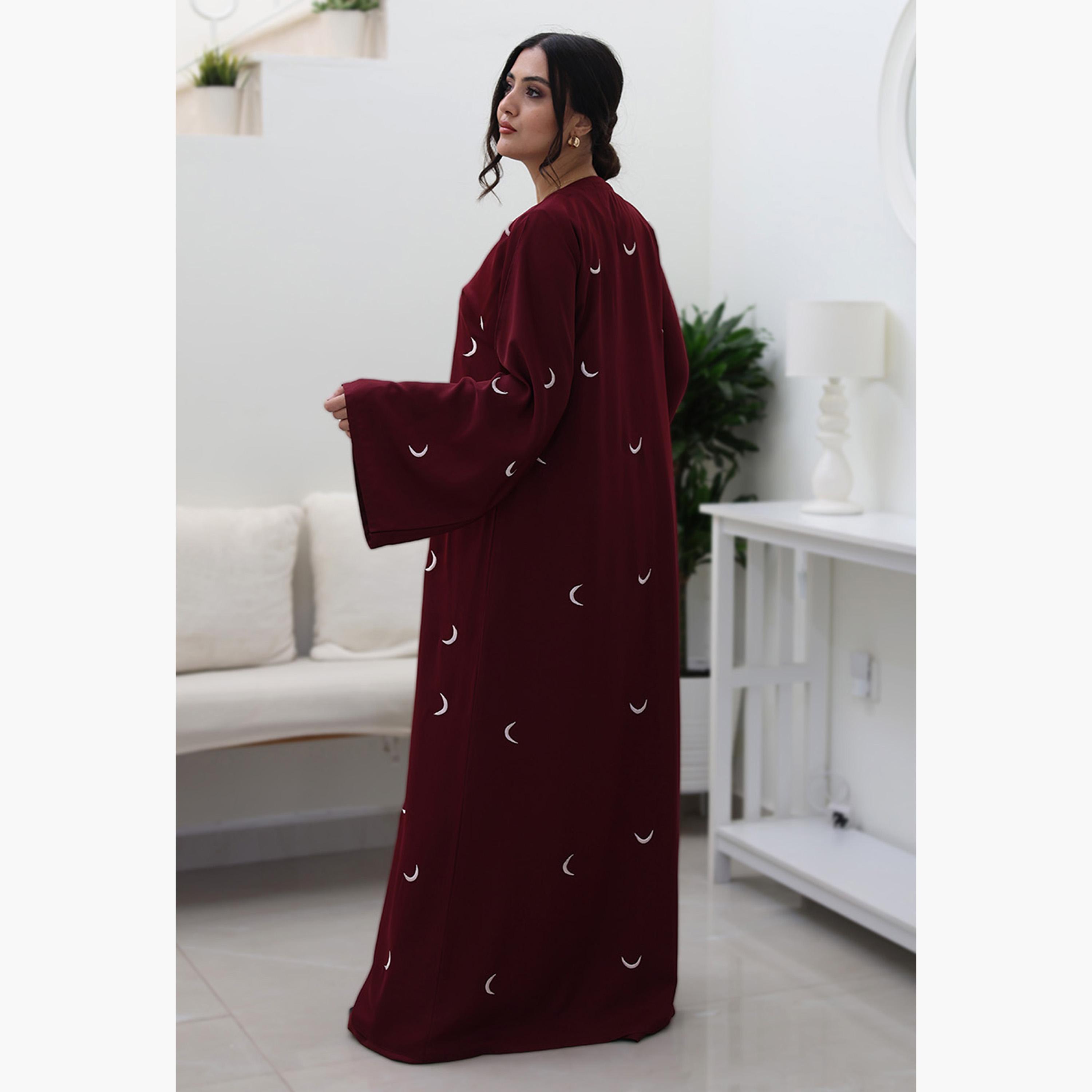 Nukhbaa Maroon Geometric Embroidered Flared Sleeves Nida Women's Evening Abaya-women-arabicclothing-abayas-image-4