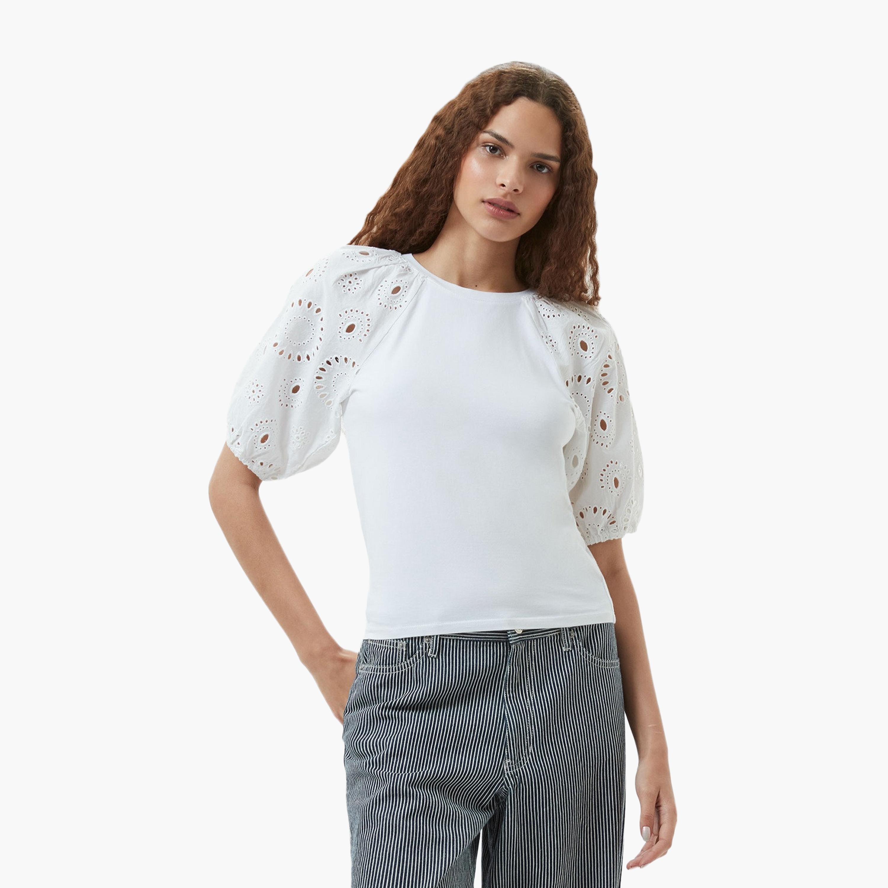 French Connection White Embroidered Puff Sleeves Women's Top-women-clothing-shirtsandblouses-blouses-image-1