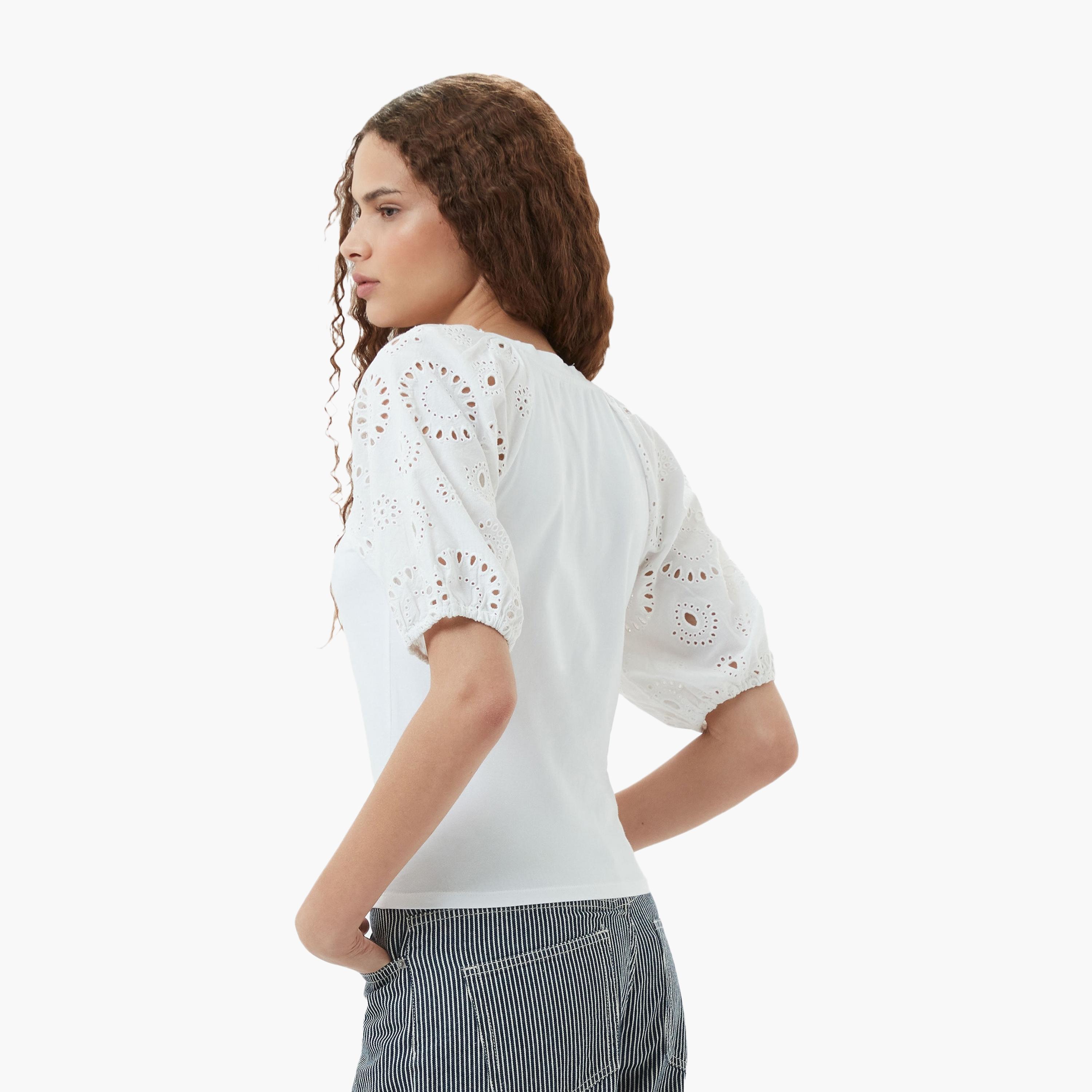 French Connection White Embroidered Puff Sleeves Women's Top-women-clothing-shirtsandblouses-blouses-image-2