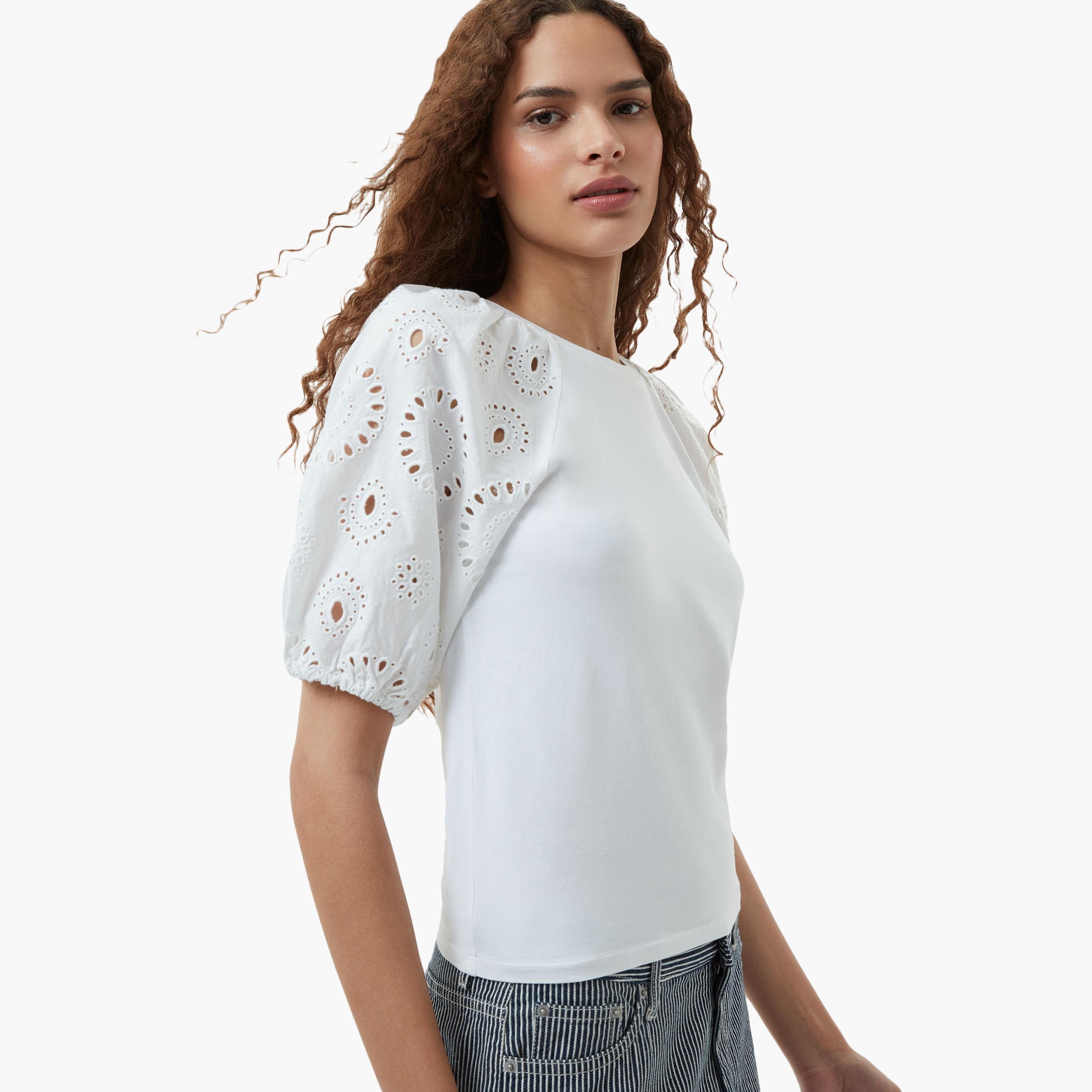 French Connection White Embroidered Puff Sleeves Women's Top-women-clothing-shirtsandblouses-blouses-image-4