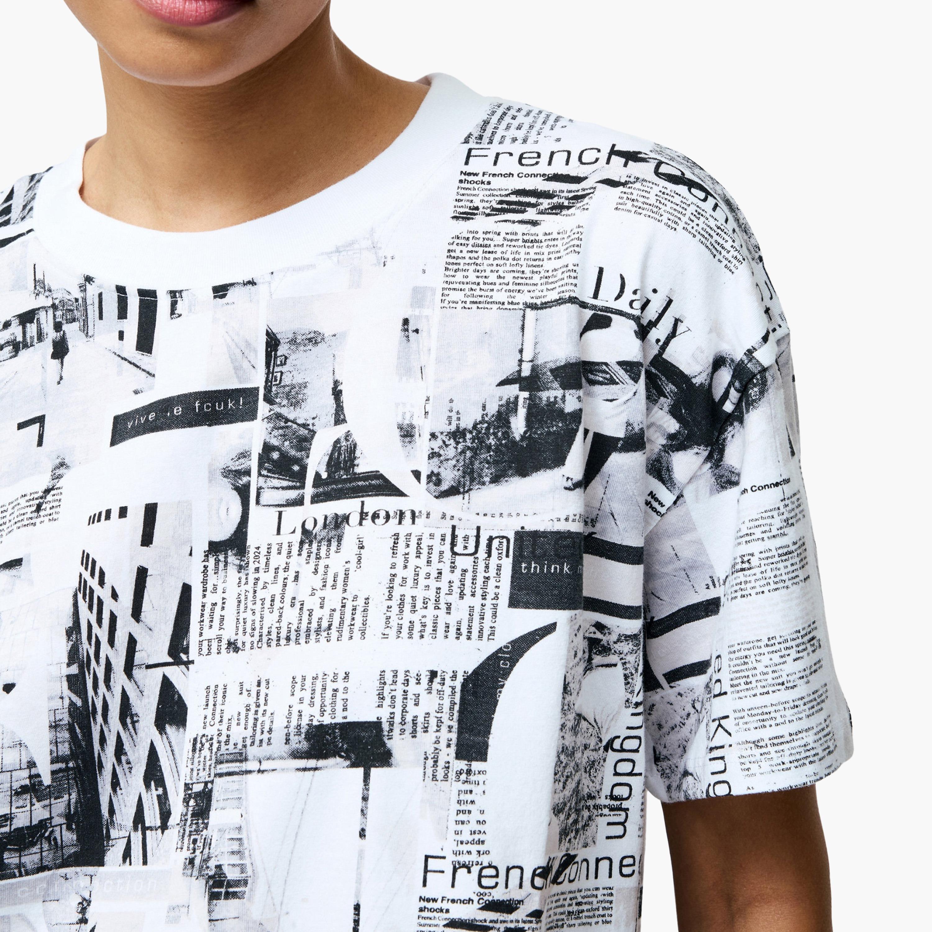 تيشيرت نسائي قطني أبيض مطبوع عليه شعار صحيفة من فرينش كونيكشن-women-clothing-tshirts-image-4