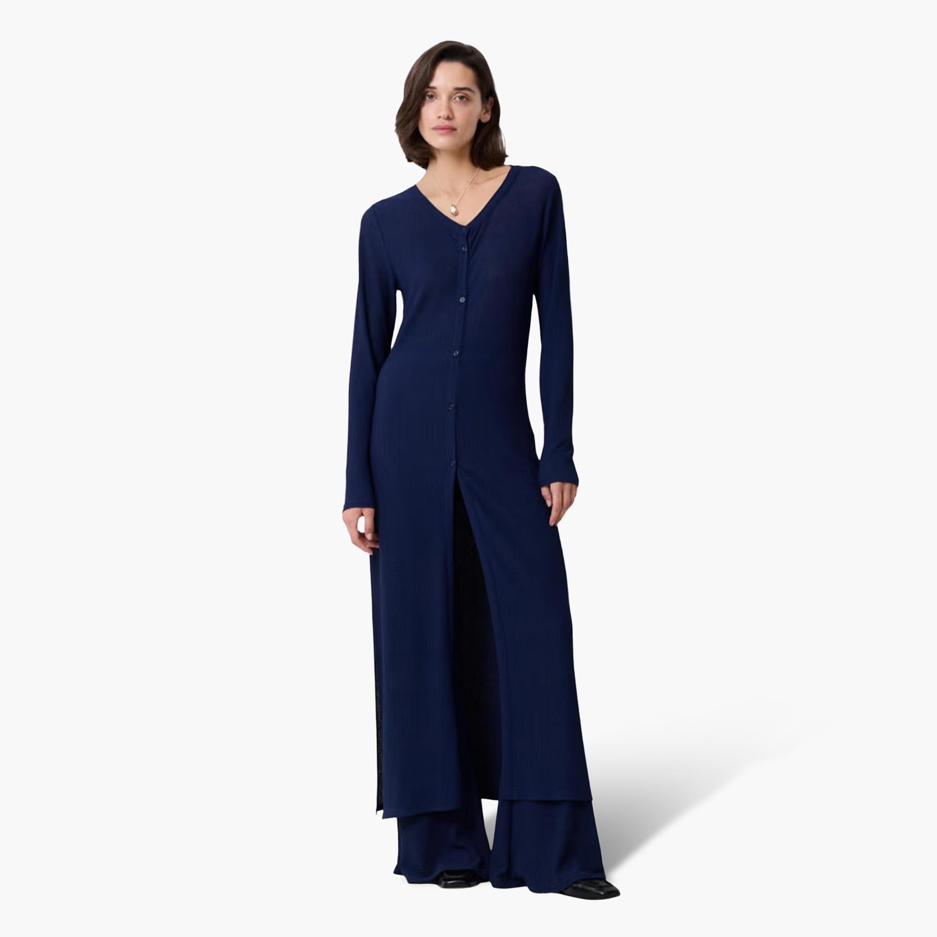 كارديجان طويل حريمي بنسيج مضلع باللون الأزرق من فرينش كونكشن-women-winterwear-cardigansandjumpers-cardigans-image-1