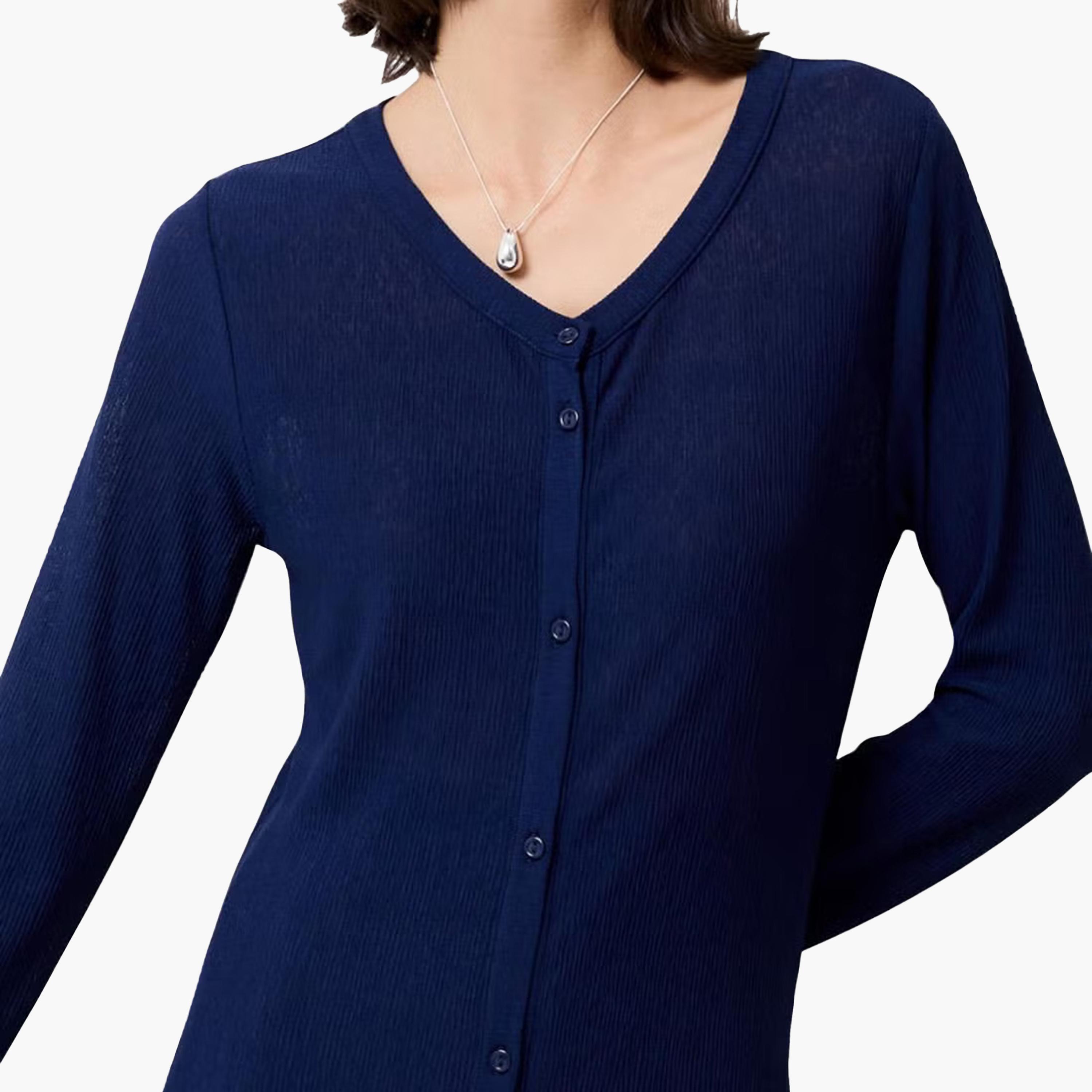 كارديجان طويل حريمي بنسيج مضلع باللون الأزرق من فرينش كونكشن-women-winterwear-cardigansandjumpers-cardigans-image-3