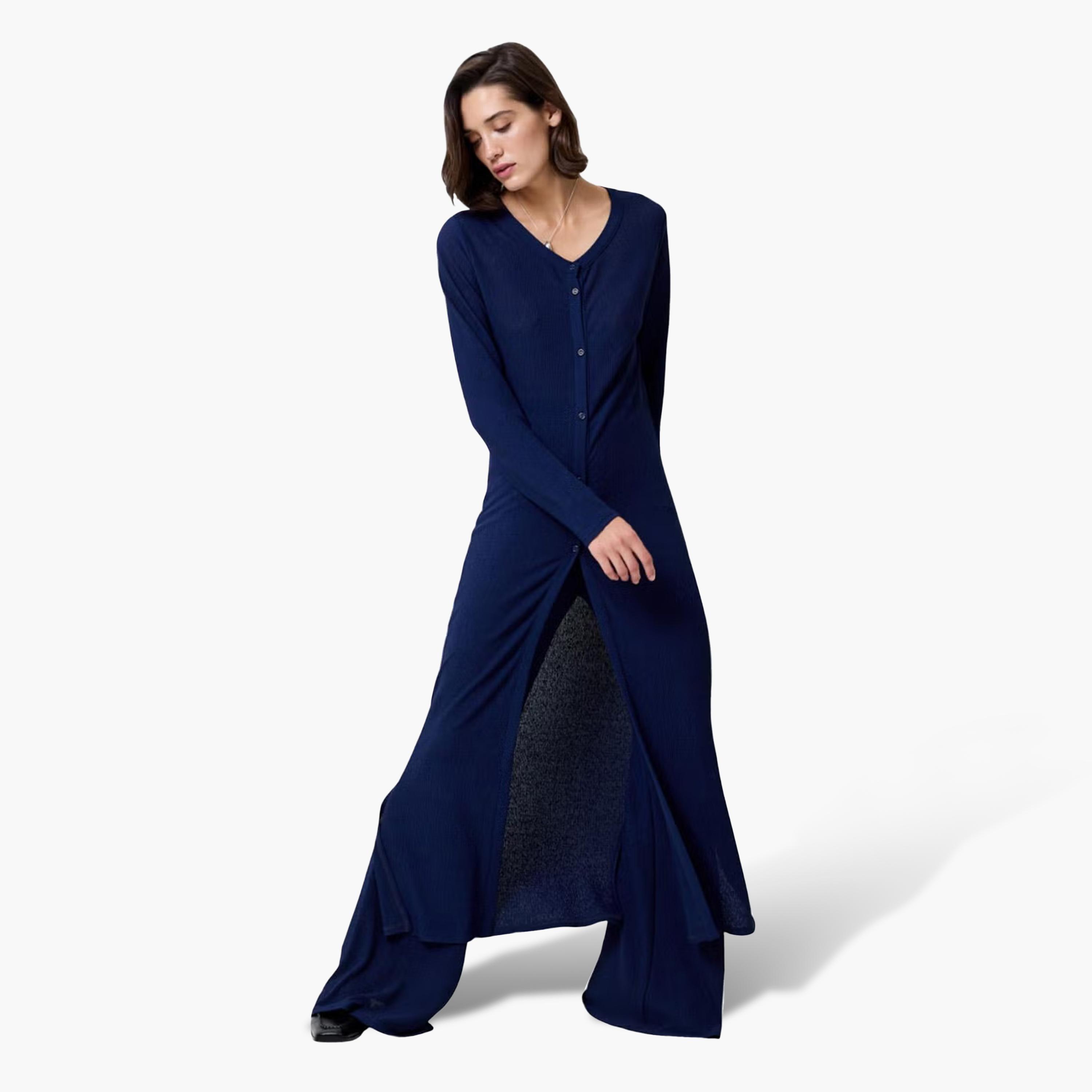 كارديجان طويل حريمي بنسيج مضلع باللون الأزرق من فرينش كونكشن-women-winterwear-cardigansandjumpers-cardigans-image-5