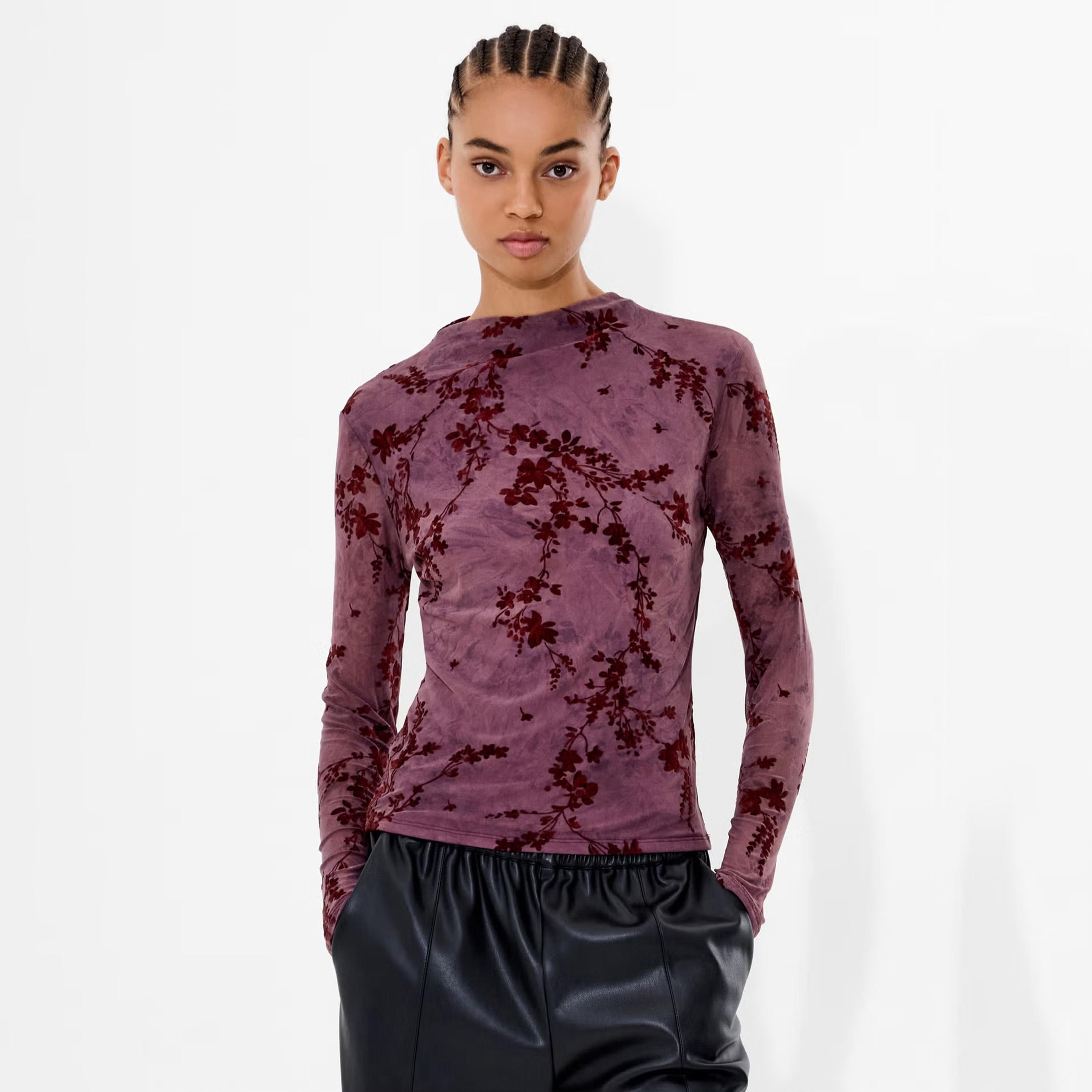 French Connection Purple Floral Print Mock Neck Women's Top-women-clothing-shirtsandblouses-blouses-image-1